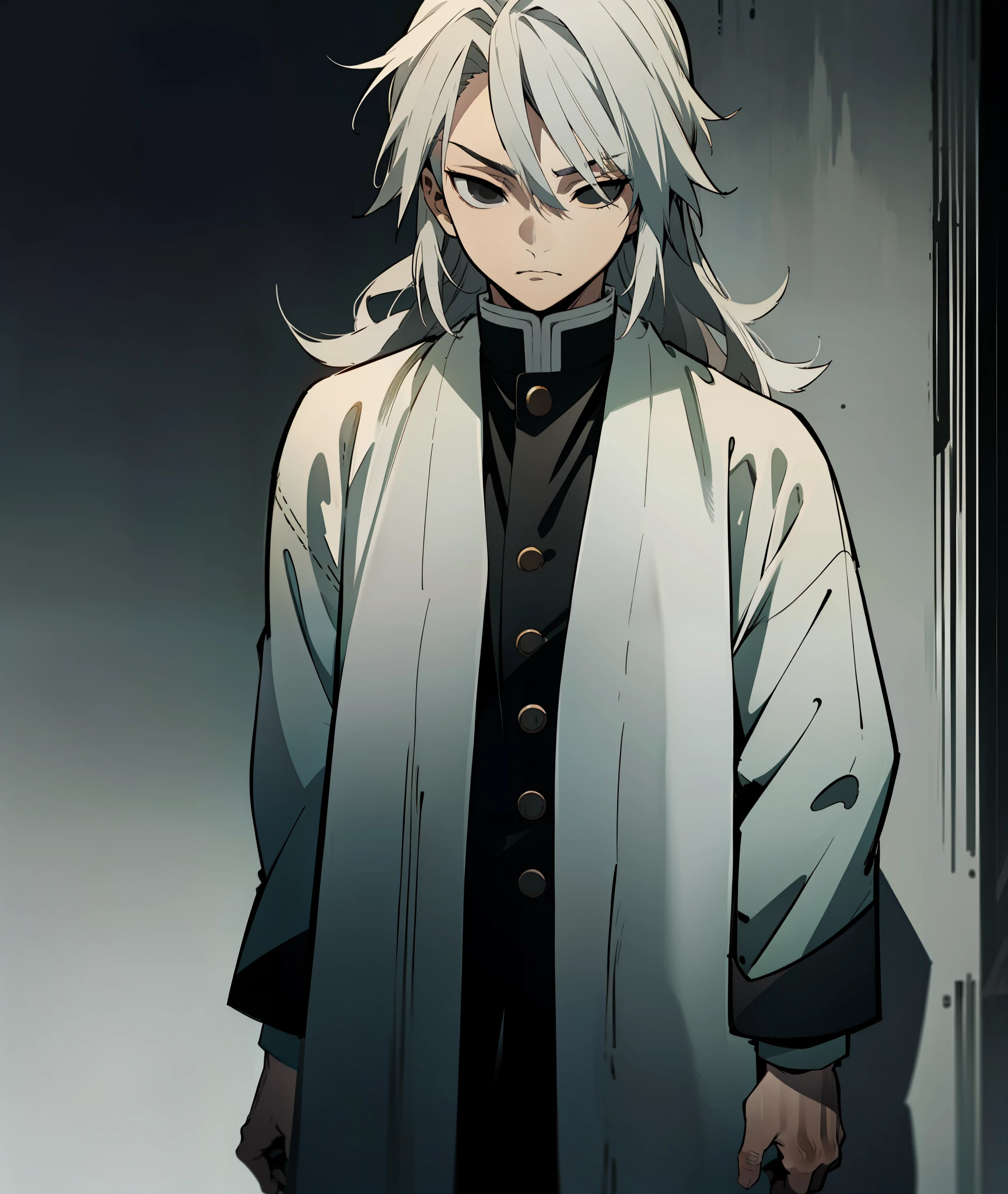 1boy, grey hair, long hair, black eyes, grey haori, calm, tired, tall, grey clothes, face shot, face, sharp eyes, black eyes, missing left eye, left eye covered, missing left eye, demon slayer uniform