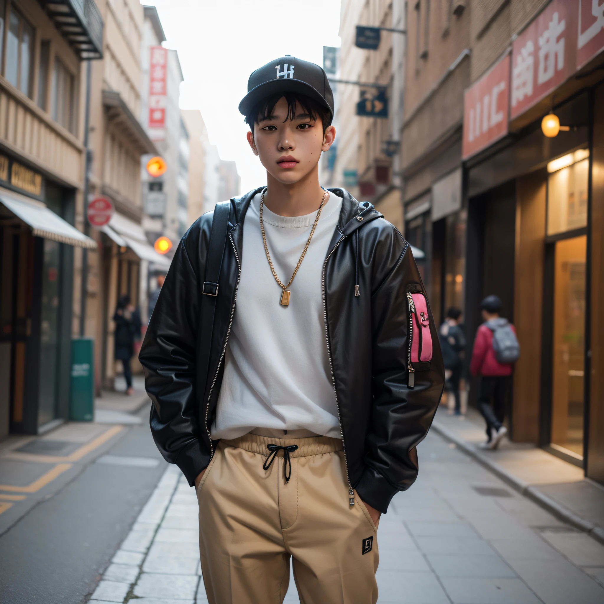A very handsome 20-year-old boy,Wear hip-hop style clothes,Carrying a school bag