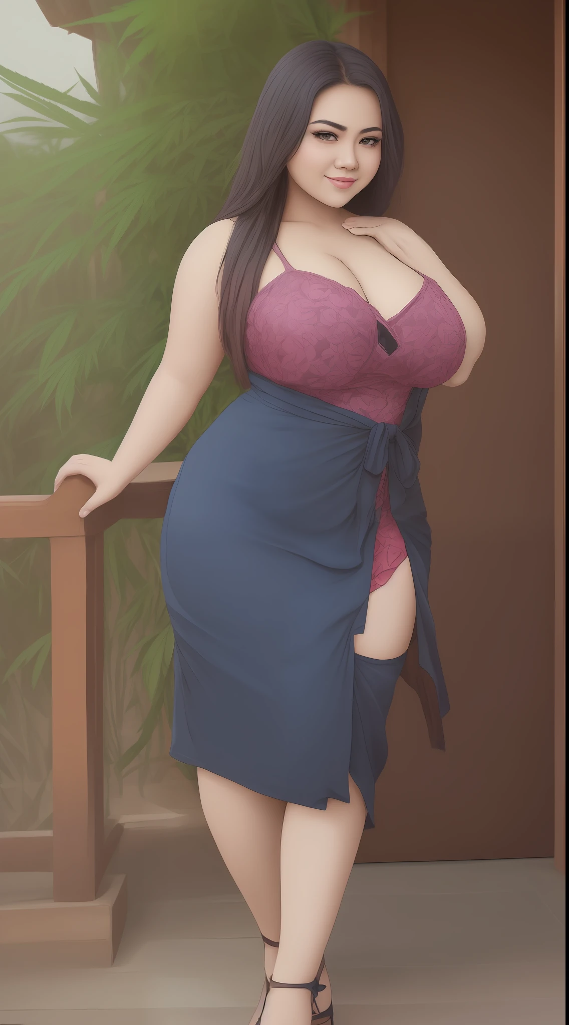 CG art of a beautiful sundanese girl, 1girl, (marijuana goddess:1.2), cute girl, curvy, voluptuous, thick, busty, big breasts, exotic, (full body shot), Sam Yang art, sundanese culture, 
glamor pose, smirk, eyebrow up, 
pastel color, calm tones, 58 mm,
detailed marijuana west java garden background,
(paint by SamDoesArts:1.3)