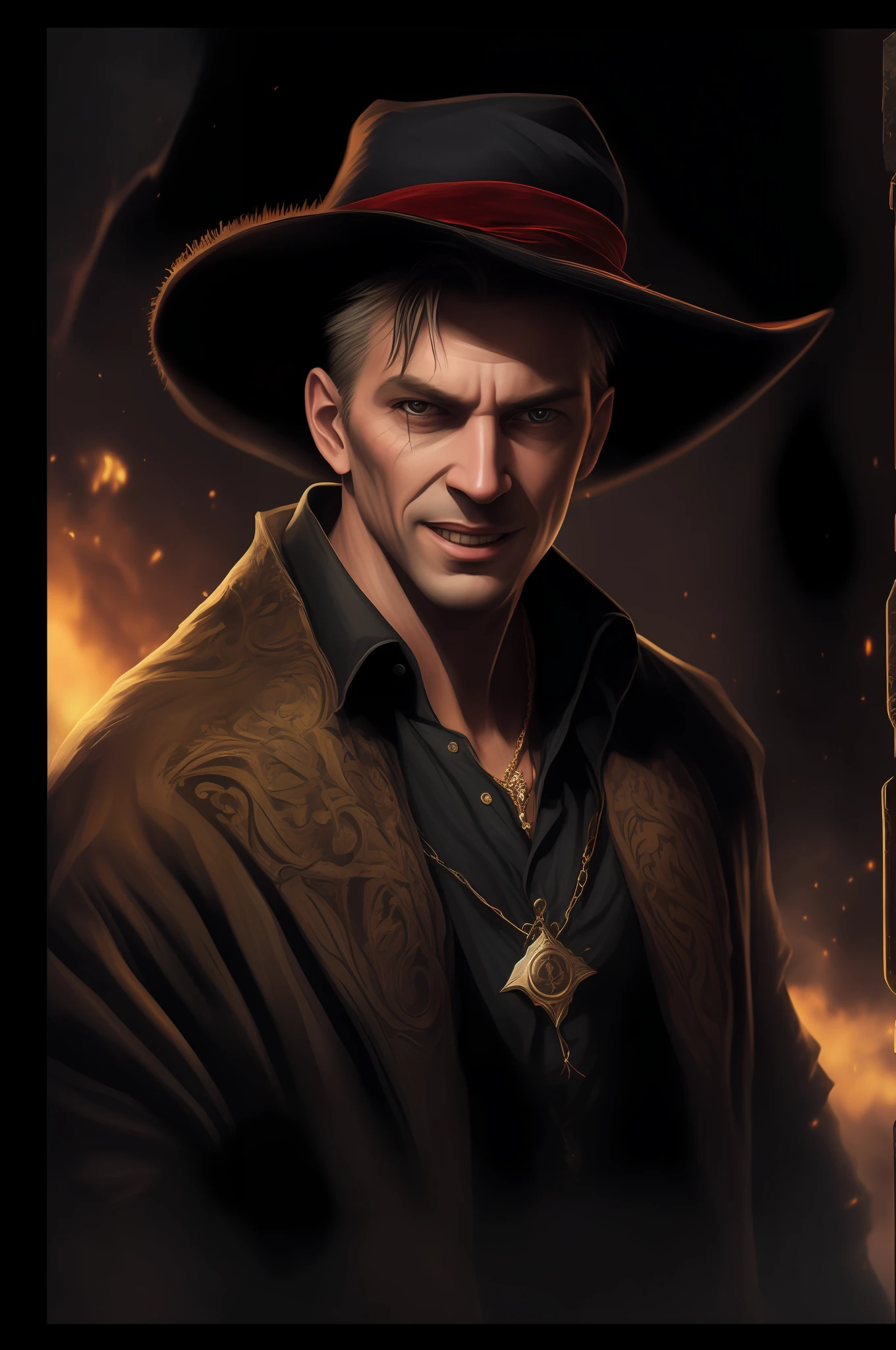 There is a male killer wearing a hat and coat,There is a cross on the chest, detailed character portrait, baldur's gate character portrait, Author with a dagger:Tadeusz Pruszkówski, portrait of a mage, portrait of a bloodborne hunter, fantasy character portrait, guillem h. pongiluppi, Character art portrait, author:Ludwik Konarzewski Jr