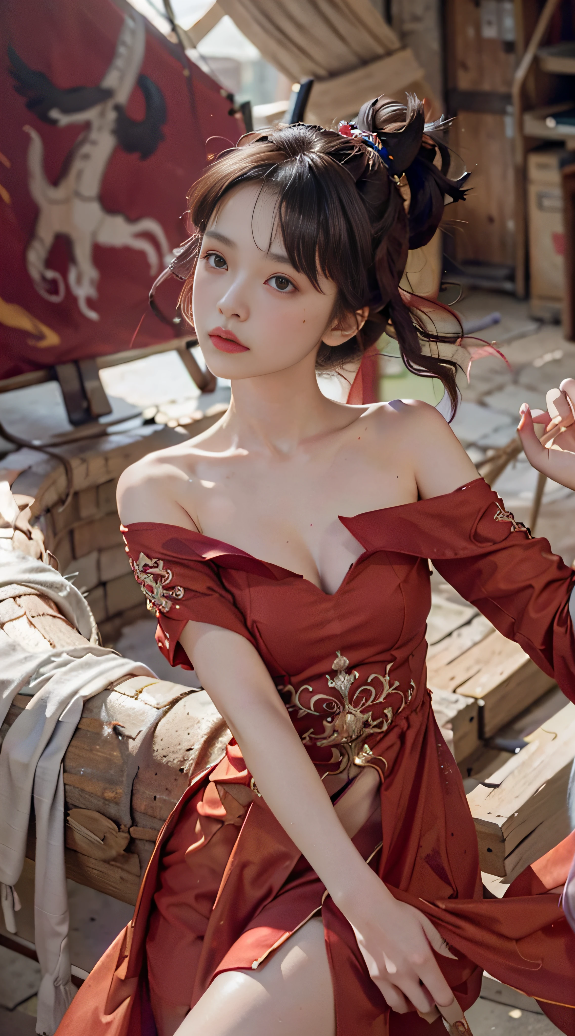 Haut du corps, (From directly above)Detailed skin,8K masterpiece,cinematic lighting,Hollow-out on,Lyocell,Silk,Hollow-out on,Red clothes,watercolour painting,one piece dress