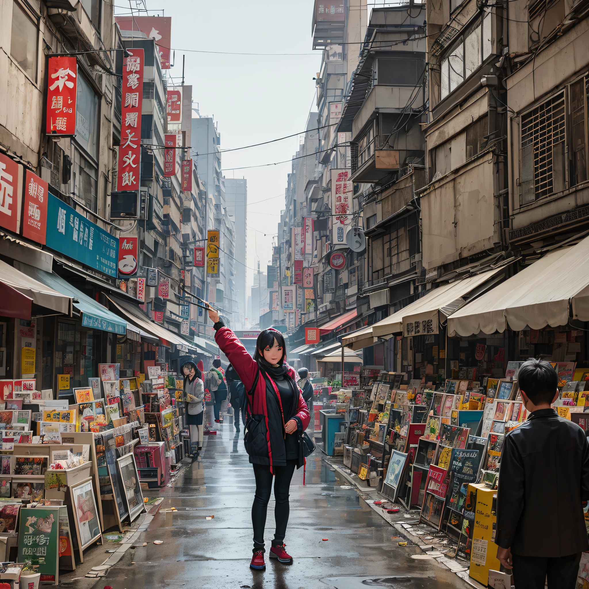 Woman with cigarette,Xi'an, China,60's,pop-art,There are people in the street who are handstands,ssmile