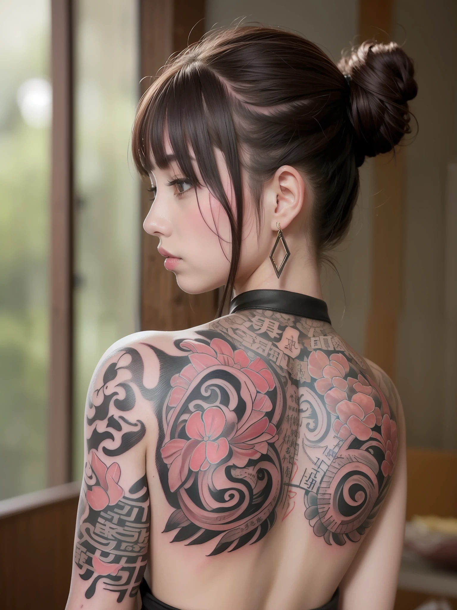 (masterpiece best quality:1.4),1girl, (tattoo of chinese text:1.5), solo, back tattoo, hair flowers, long hair, blue eyes, looking at viewer,back tattoo,tattoo,looking back, from behind, black hair, tassel, bare shoulders, hanfu, chinese clothes,back, bangs, upper body, earrings, indoors, nape, off shoulder, jewelry, eyelashes, lips, back focus, profile, hair bun, sliding doors, piercing, single hair bun,