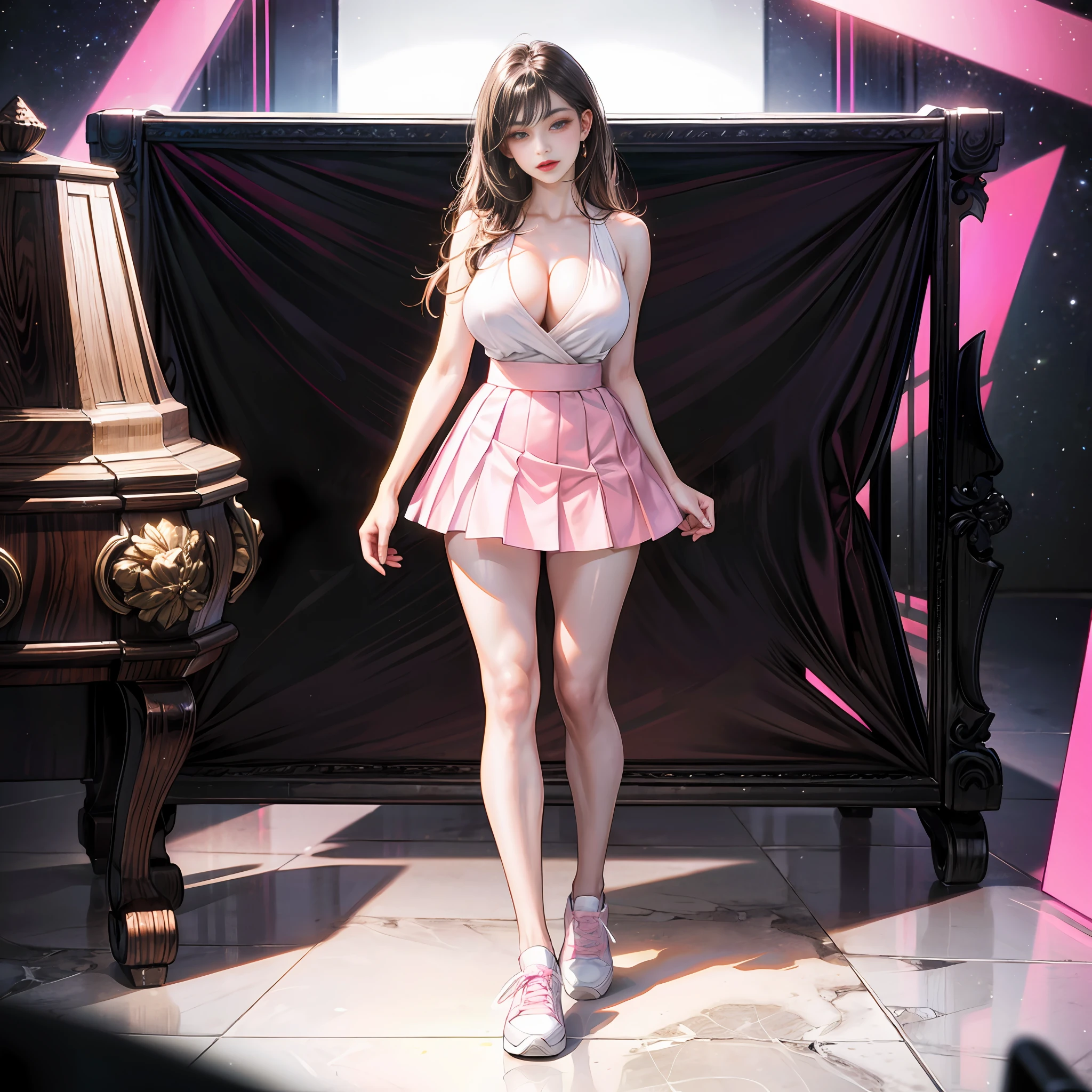 Woman in pink dress and white sneakers walking, Wear a transparent skirt, , pink mini-skirt, ,huge tit,36d,Muscular long legs all over the body,Lovely young lady, pink tight mini-skirt, with a lovely appearance, Pink clothes, full body shot of, Full body picture, full body with costume, Stylish, Pink girl, full body model,Keep your original face,Different postures --auto