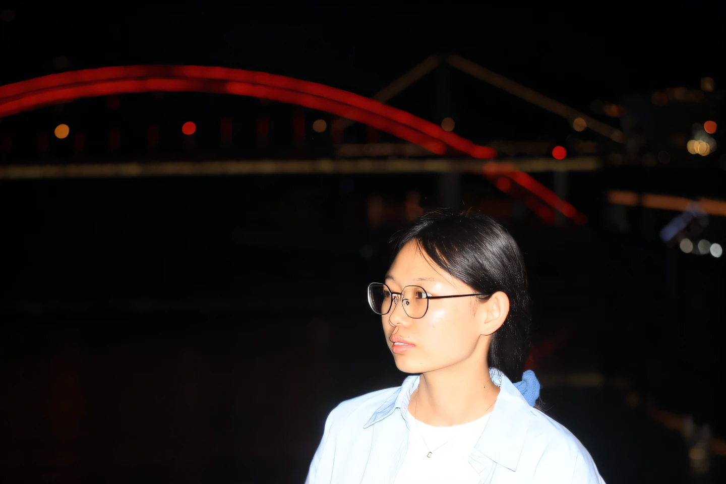 there is a woman standing in front of a bridge at night, taken with canon 8 0 d, taken with canon eos 5 d, taken with canon eos 5 d mark iv, taken with a canon eos 5d, taken with a canon eos 5 d, taken with a pentax k1000, photo taken with canon 5d, night photo