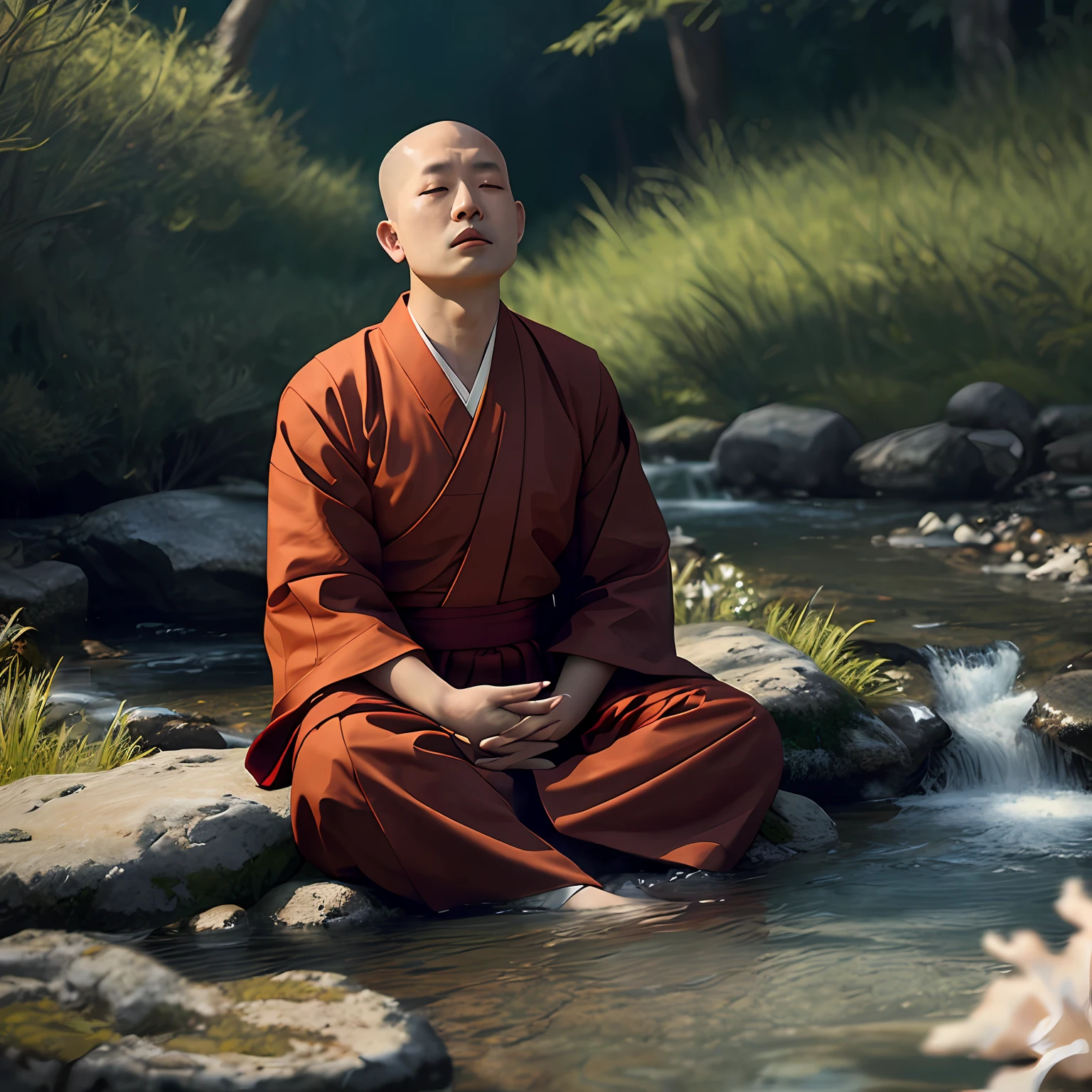 A Buddhist monk meditating By the stream, his coral-colored threads are coming out The facial expression is peaceful, cinematic lighting hyper realistic super details skin texture is very detail