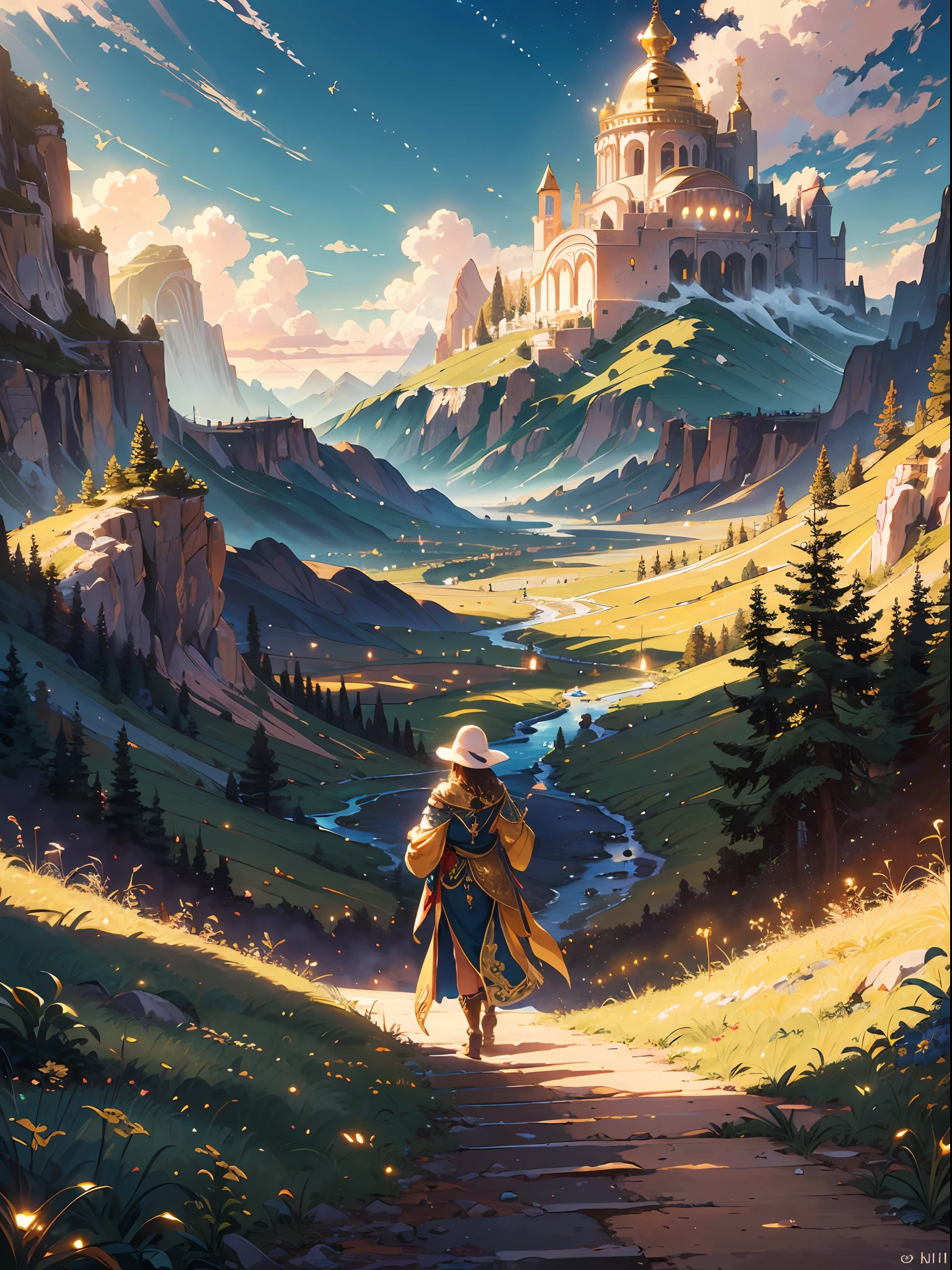 Behold the ((majestic Golden Path of Victory:1.5)), a celestial journey that transcends mortal realms. Bathed in the warm embrace of the golden hour lighting, the landscape radiates with ethereal light, illuminating a path of gilded splendor. The path itself, inspired by the gates of heaven, shimmers with intricate details, adorned with celestial symbols and ornate patterns that speak of triumph and divine inspiration.

As you traverse this fantastical landscape, you witness the grandeur of towering mountains that reach toward the heavens, their peaks kissed by golden sunlight. Soft, billowing clouds painted in hues of gold and amber float gracefully above, as if lifted by heavenly currents. The surrounding flora, drenched in the magical light, boasts vibrant hues of gold and lush greens, further enhancing the sense of otherworldly enchantment.

The camera angle captures the sprawling vista from a wide perspective, showcasing the sweeping majesty of the Golden Path of Victory. The golden hour lighting infuses the scene with a warm, celestial glow, casting long, majestic shadows that dance upon the path. The intricate details of the ornate symbols and patterns are meticulously rendered, allowing each element to come alive and tell its story.

In this fantasy landscape, [there are no anime characters or specific figures], but rather a ((sense of wonder and awe inspired by the heavenly theme)). The Golden Path of Victory beckons all who dare to tread upon it, offering a glimpse of divine triumph and the promise of celestial glory