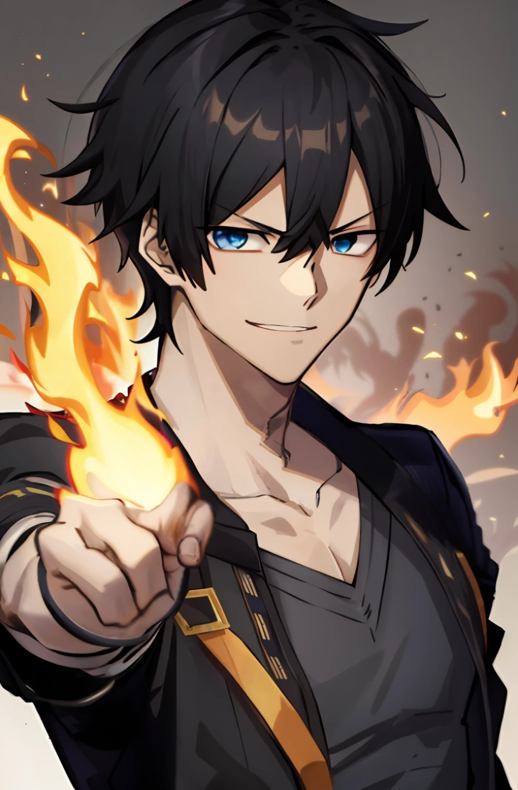 anime character with black hair and blue eyes pointing at camera, (Fire), Avatar image, Fire!! Full body, Badass anime 8 K, inspirado em Okumura Masanobu, Tanjiro Kamado, Kazuto Okada。, Fire magic, fire behind him, black-haired mage, handsome japanese demon boy, handsome guy in demon killer art