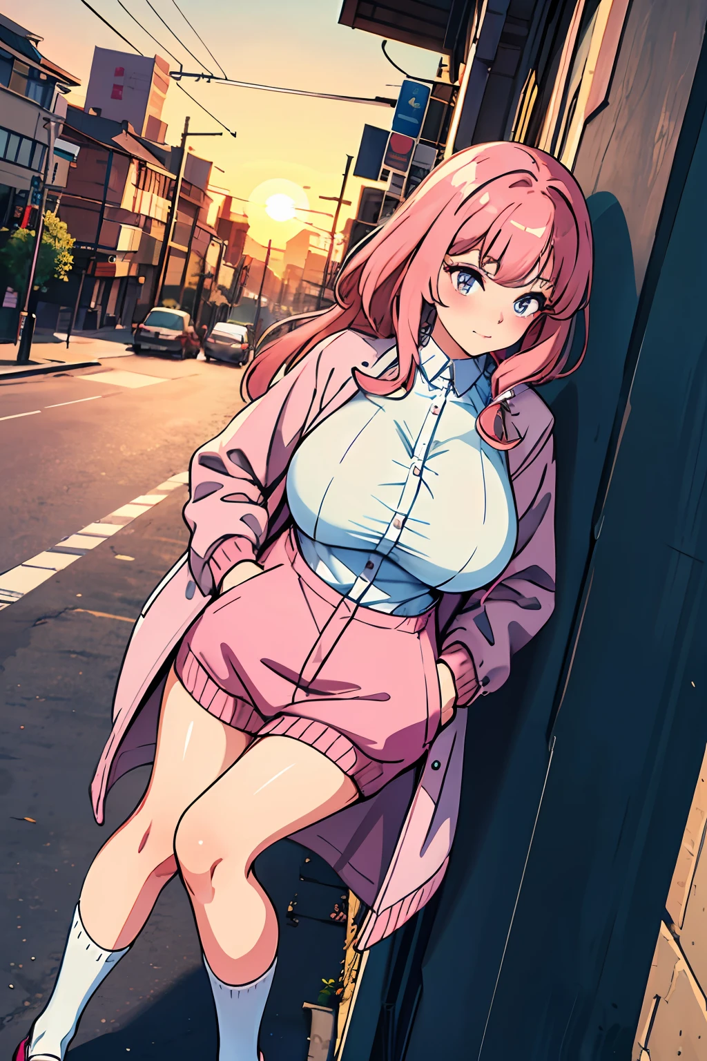 (Beautiful clear background),(street corner,muri,nooks,the setting sun),1个Giant Breast Girl,Fashionab,Handsome coat,Hand in pocket,Blushlush,Flowing pink hair,side looking,Dutch angle,huge tit,White silk socks(Over-the-knee)