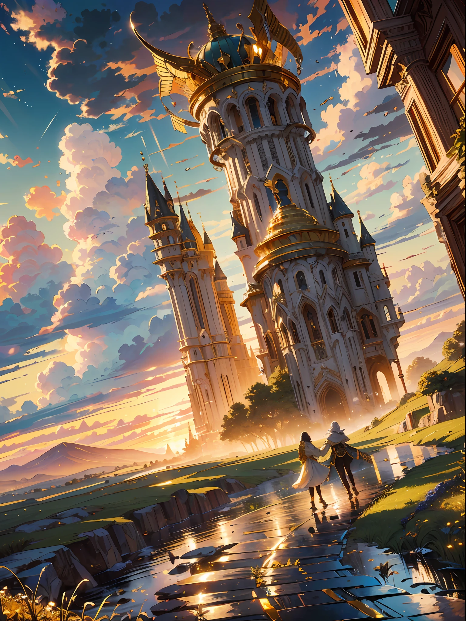 Behold the ((majestic Golden Path of Victory:1.5)), a celestial journey that transcends mortal realms. Bathed in the warm embrace of the golden hour lighting, the landscape radiates with ethereal light, illuminating a path of gilded splendor. The path itself, inspired by the gates of heaven, shimmers with intricate details, adorned with celestial symbols and ornate patterns that speak of triumph and divine inspiration.

As you traverse this fantastical landscape, you witness the grandeur of towering mountains that reach toward the heavens, their peaks kissed by golden sunlight. Soft, billowing clouds painted in hues of gold and amber float gracefully above, as if lifted by heavenly currents. The surrounding flora, drenched in the magical light, boasts vibrant hues of gold and lush greens, further enhancing the sense of otherworldly enchantment.

The camera angle captures the sprawling vista from a wide perspective, showcasing the sweeping majesty of the Golden Path of Victory. The golden hour lighting infuses the scene with a warm, celestial glow, casting long, majestic shadows that dance upon the path. The intricate details of the ornate symbols and patterns are meticulously rendered, allowing each element to come alive and tell its story.

In this fantasy landscape, [there are no anime characters or specific figures], but rather a ((sense of wonder and awe inspired by the heavenly theme)). The Golden Path of Victory beckons all who dare to tread upon it, offering a glimpse of divine triumph and the promise of celestial glory