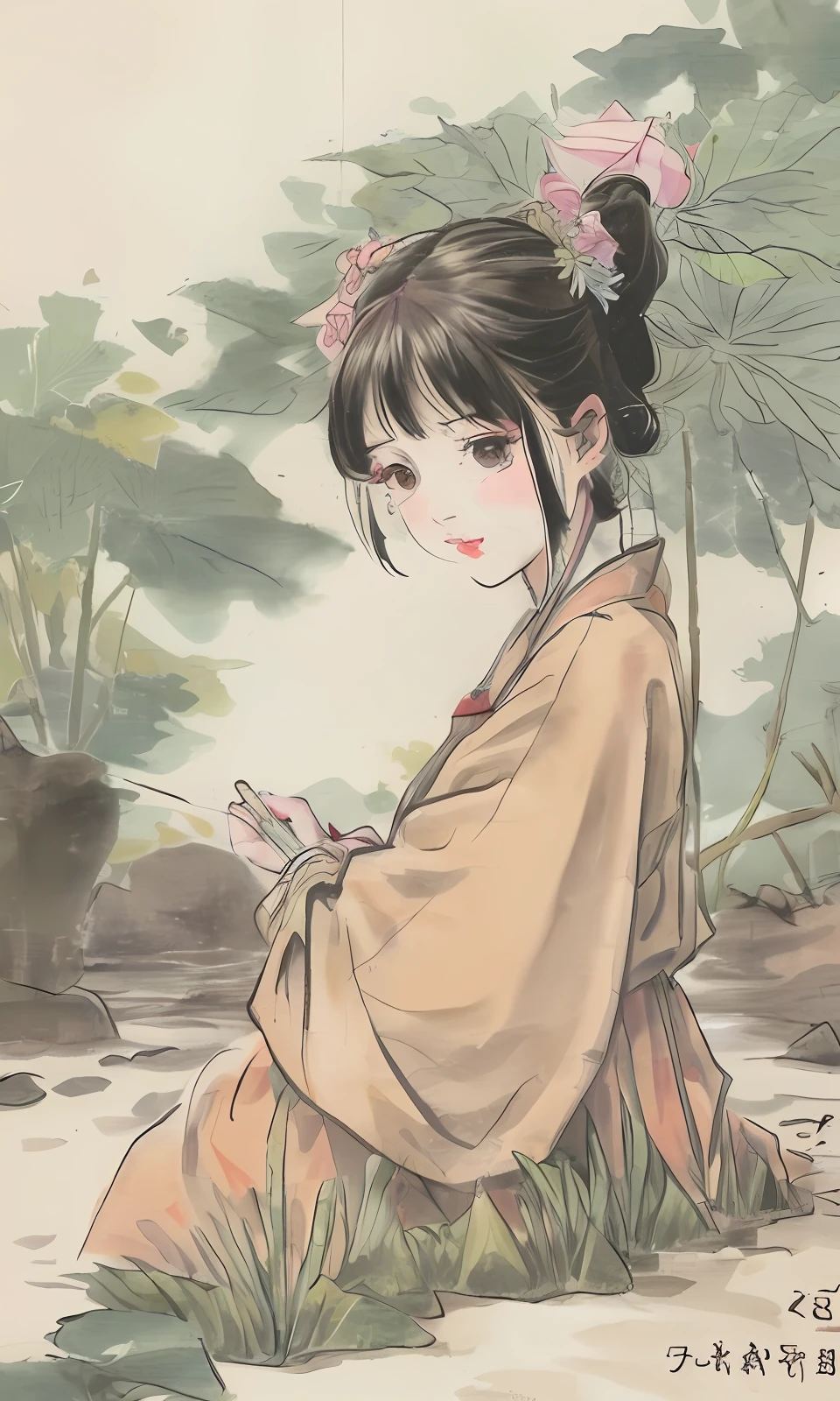 Ancient maiden,Write with a brush,In a lotus pond