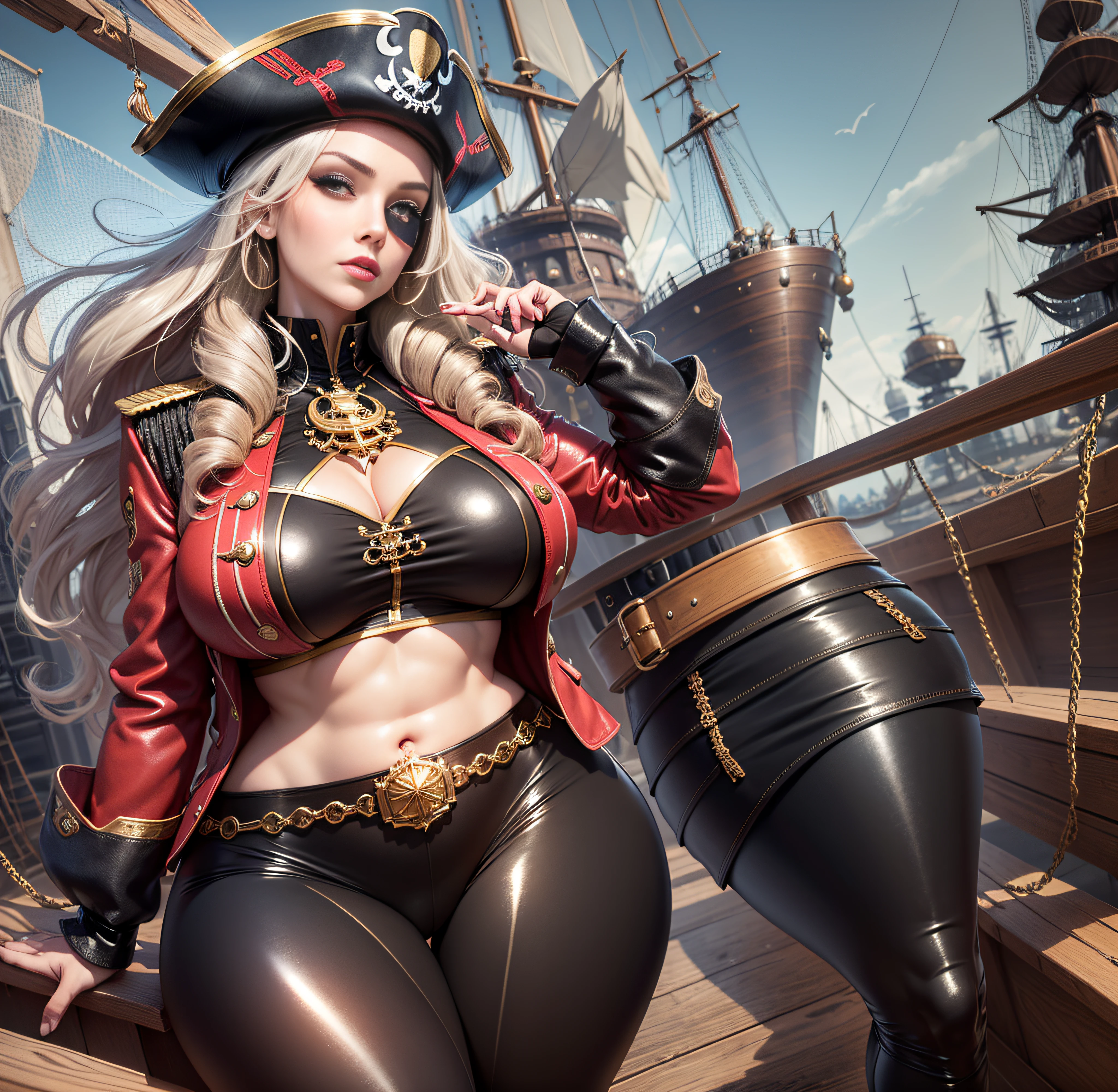 pirate captain outfit with pirate hat, red jacket with gold tassels, white frilly blouse, black pants, brown thigh high boots, eye patch, massive breasts, massive hips, massive thighs, massive calves, slender waist, hourglass figure, shiny black pantyhose, piloting a wooden ship, detailed eyes, leggings, kissing each other, 4K high resolution