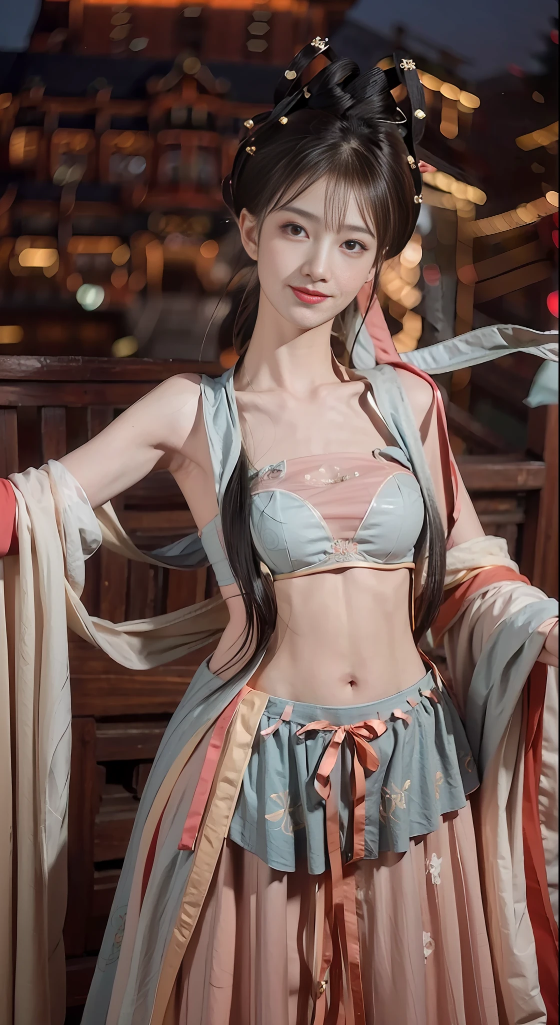 Bust photo, a beautiful woman, messy hair, girly, symmetrical bun, hair accessories, jewelry, delicate face, eye shadow, delicate cyan top, bare shoulders, navel, bare belly, Dunhuang style, a lot of streamers, delicate skin, soft light effects, delicate and smooth hair, delicate details, eye highlights, fair skin, fine portrayal, extreme details, cinematic quality, thin, slender, broken, hair details, thin bangs, shawl hair, correct body, shadows, air bangs, 8K, super detailed, Fine fabric texture, soft, supple, smooth texture, Dunhuang style, delicate pattern, correct hand painting, smile, tsurime, Surrealism, ray tracing, UHD, high details, super detail, highres, 8k, high quality, high details, textured skin, ccurate