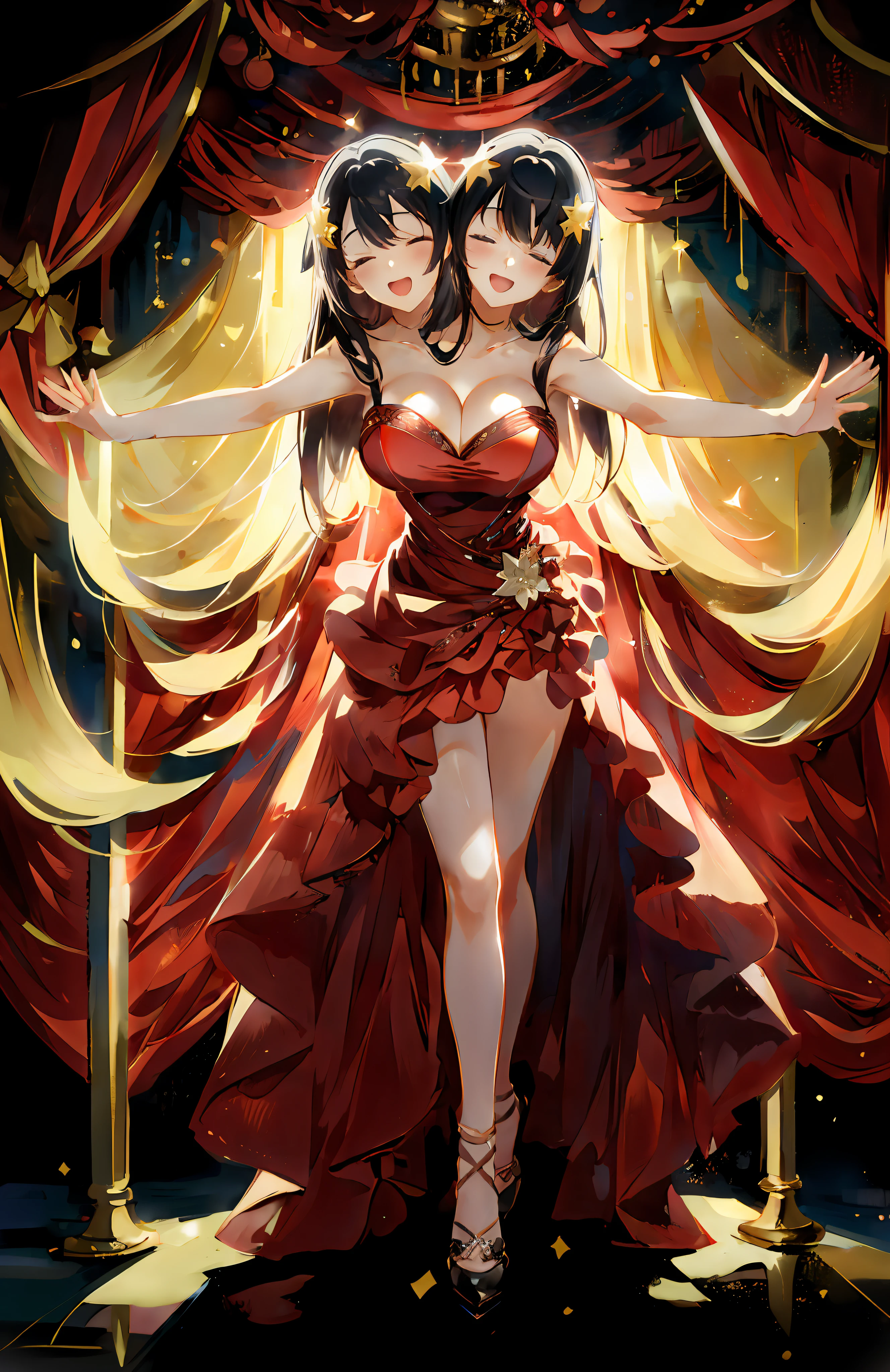 best resolution, (2heads:1.5), anime girl with two heads, black hair, waist length hair, long hair, bangs, closed eyes, happy, singing, arms outstretched, hands facing outward, cleavage, red dress, dress reaching to ankles, closed toe shoes, high heels, walking through a curtain, red curtain, theater stage, spotlight, dark backdrop