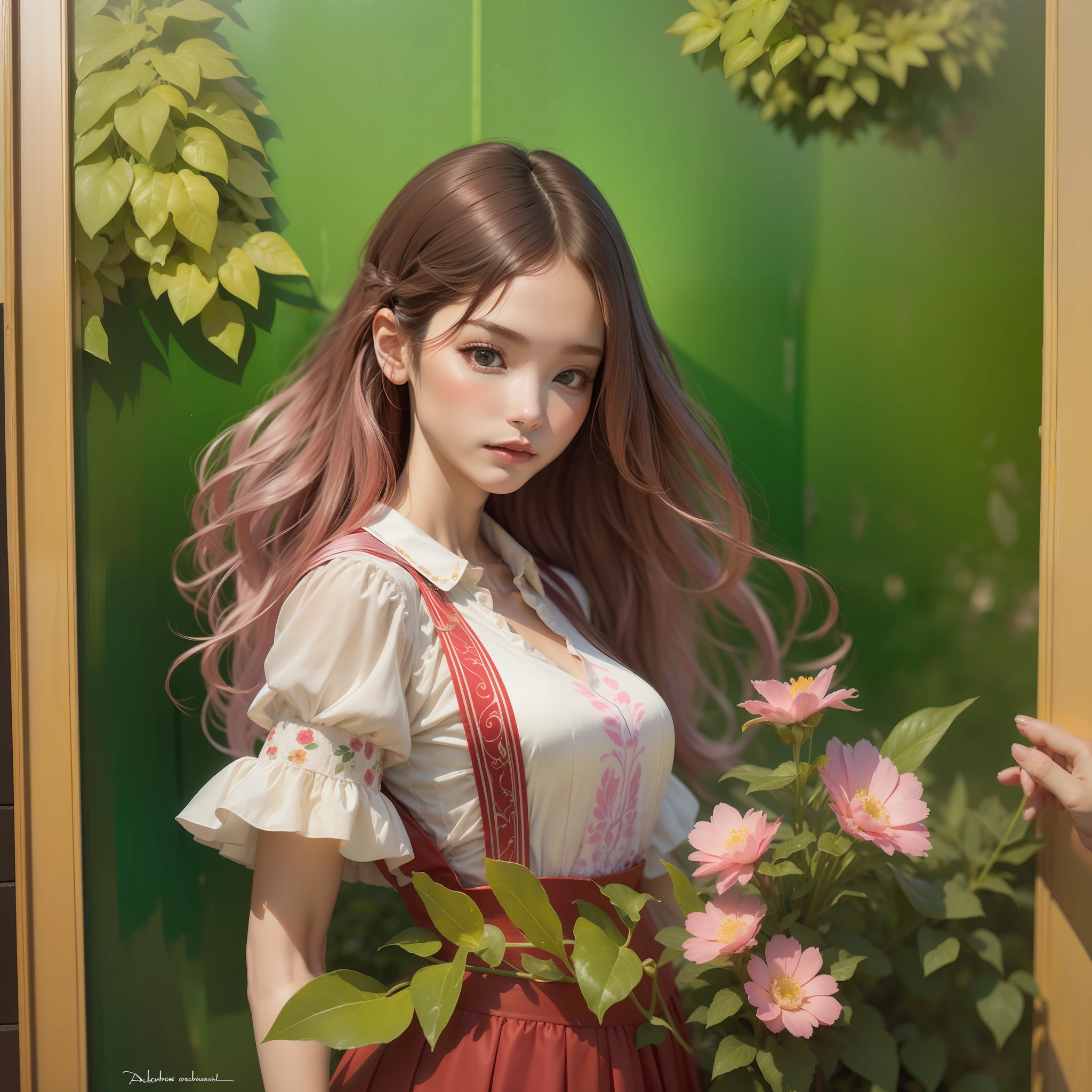 ((巨作))), Ultimate picture quality, With gorgeous((Acrylic painting style)), flowy，elegant ((teens girl:1.3)),blone hair，120 cm long hair, Floating hair，Wearing a JK skirt，It has 8K resolution and fine details，The 16-year-old girl stands on her side，Frontal viewing，Surrealist portraits of women by David Hockney and Alphonse Mucha，Fantasyart，photographrealistic，动态照明，