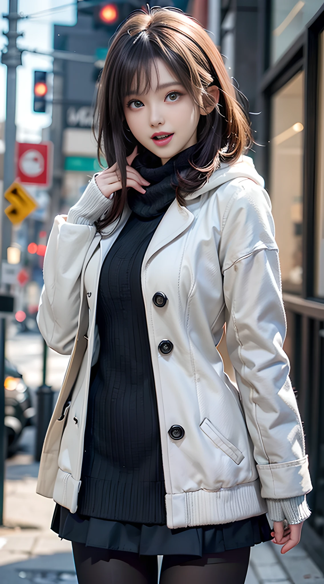wide pelvis, the creamy smooth skin,
(巨作, Best quality, A high resolution, Ultra-detailed, Detailed background, Detailed eyes, Beautifully face:1.2), 1girl huge large breasts, solo, White hair, short stright hair, Blunt bangs, With gray eyes, Flat chest, Narrow waist, Pale skin, Petite, outdoors, street, winter, Snow, school uniform, winter uniform, white winter coat, White scarf, bookbag, black legwear, Pantyhose, Open mouth, Smile, Happy, view the viewer, Cowboy shot,
