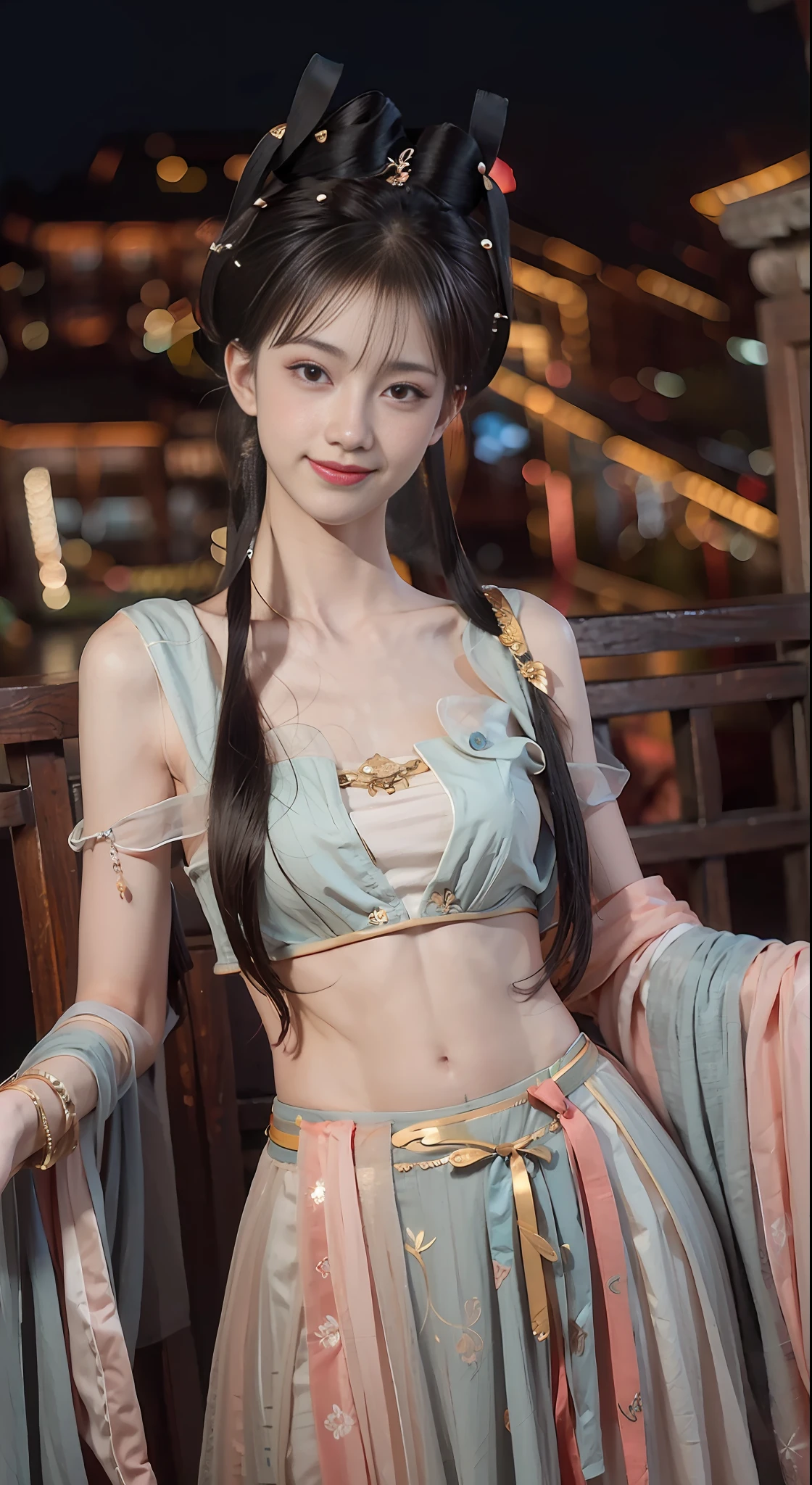 Bust photo, a beautiful woman, messy hair, girly, symmetrical bun, hair accessories, jewelry, delicate face, eye shadow, delicate cyan top, bare shoulders, navel, bare belly, Dunhuang style, a lot of streamers, delicate skin, soft light effects, delicate and smooth hair, delicate details, eye highlights, fair skin, fine portrayal, extreme details, cinematic quality, thin, slender, broken, hair details, thin bangs, shawl hair, correct body, shadows, air bangs, 8K, super detailed, Fine fabric texture, soft, supple, smooth texture, Dunhuang style, delicate pattern, correct hand painting, smile, tsurime, Surrealism, ray tracing, UHD, high details, super detail, highres, 8k, high quality, high details, textured skin, ccurate