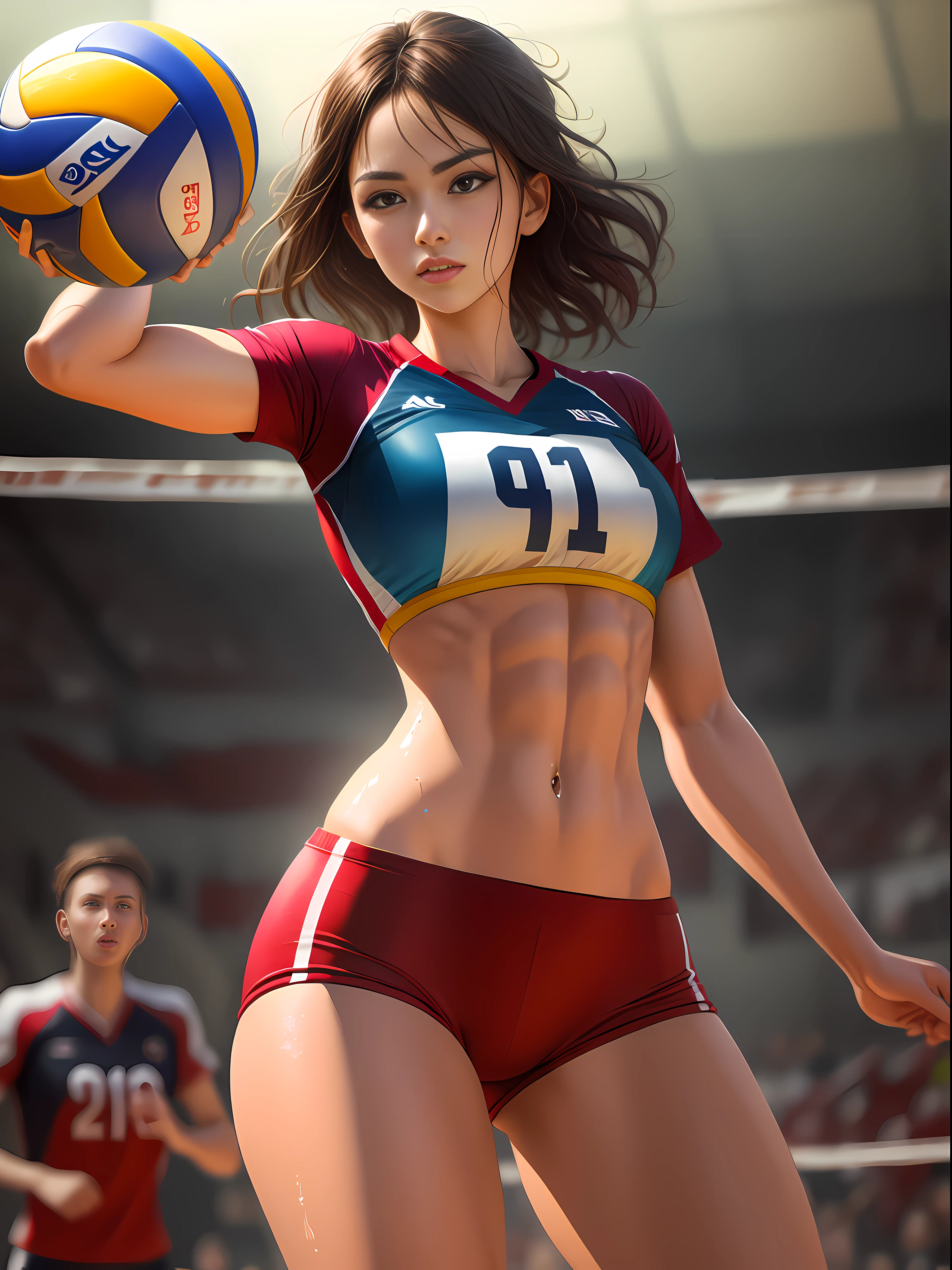 (Digital Painting),(Best Quality), 1girl in,Volleyball uniform,Cute face,Trained abs,nice legs,wet skins sweat,Volleyball Venues,Dramatic light