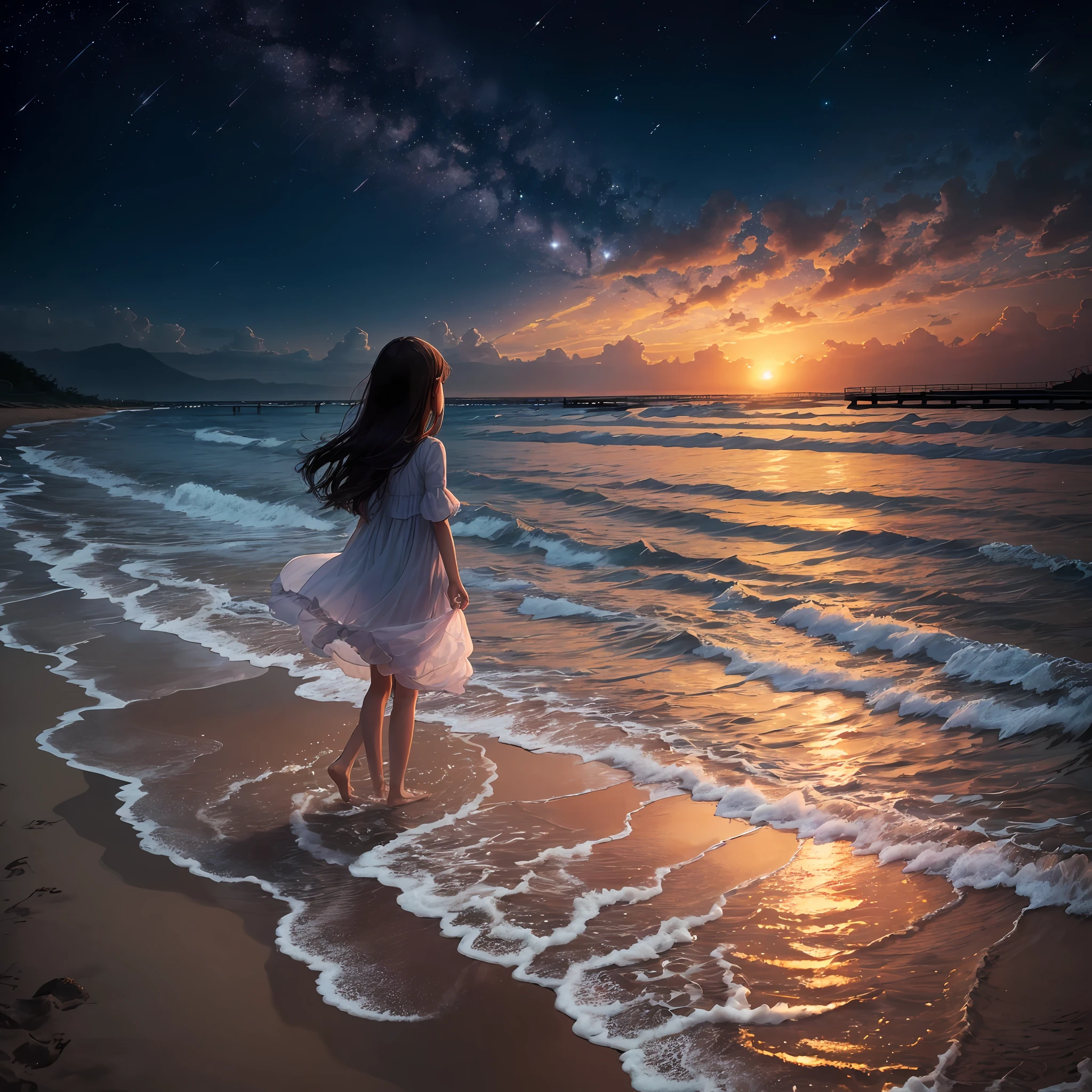 The sunset is set against the starry river,The sea surface ripples,Reflects a little bit of starlight,A young girl prays by the beach with her hands folded and her long hair moving with the wind --auto