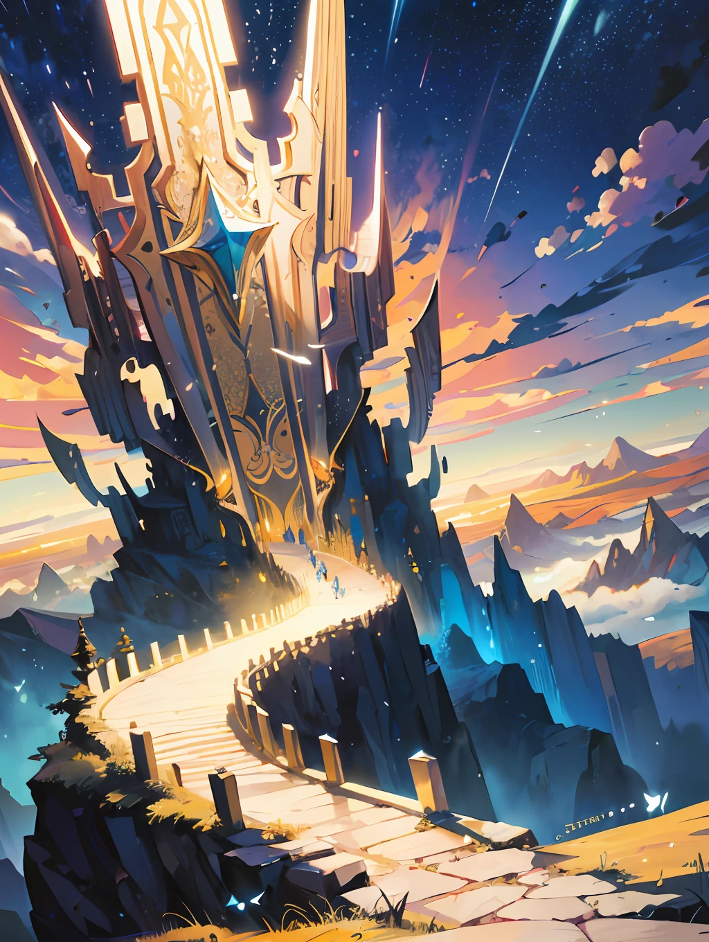 Behold the ((majestic Golden Path of Victory:1.5)), a celestial journey that transcends mortal realms. Bathed in the warm embrace of the golden hour lighting, the landscape radiates with ethereal light, illuminating a path of gilded splendor. The path itself, inspired by the gates of heaven, shimmers with intricate details, adorned with celestial symbols and ornate patterns that speak of triumph and divine inspiration.

As you traverse this fantastical landscape, you witness the grandeur of towering mountains that reach toward the heavens, their peaks kissed by golden sunlight. Soft, billowing clouds painted in hues of gold and amber float gracefully above, as if lifted by heavenly currents. The surrounding flora, drenched in the magical light, boasts vibrant hues of gold and lush greens, further enhancing the sense of otherworldly enchantment.

The camera angle captures the sprawling vista from a wide perspective, showcasing the sweeping majesty of the Golden Path of Victory. The golden hour lighting infuses the scene with a warm, celestial glow, casting long, majestic shadows that dance upon the path. The intricate details of the ornate symbols and patterns are meticulously rendered, allowing each element to come alive and tell its story.

In this fantasy landscape, [there are no anime characters or specific figures], but rather a ((sense of wonder and awe inspired by the heavenly theme)). The Golden Path of Victory beckons all who dare to tread upon it, offering a glimpse of divine triumph and the promise of celestial glory