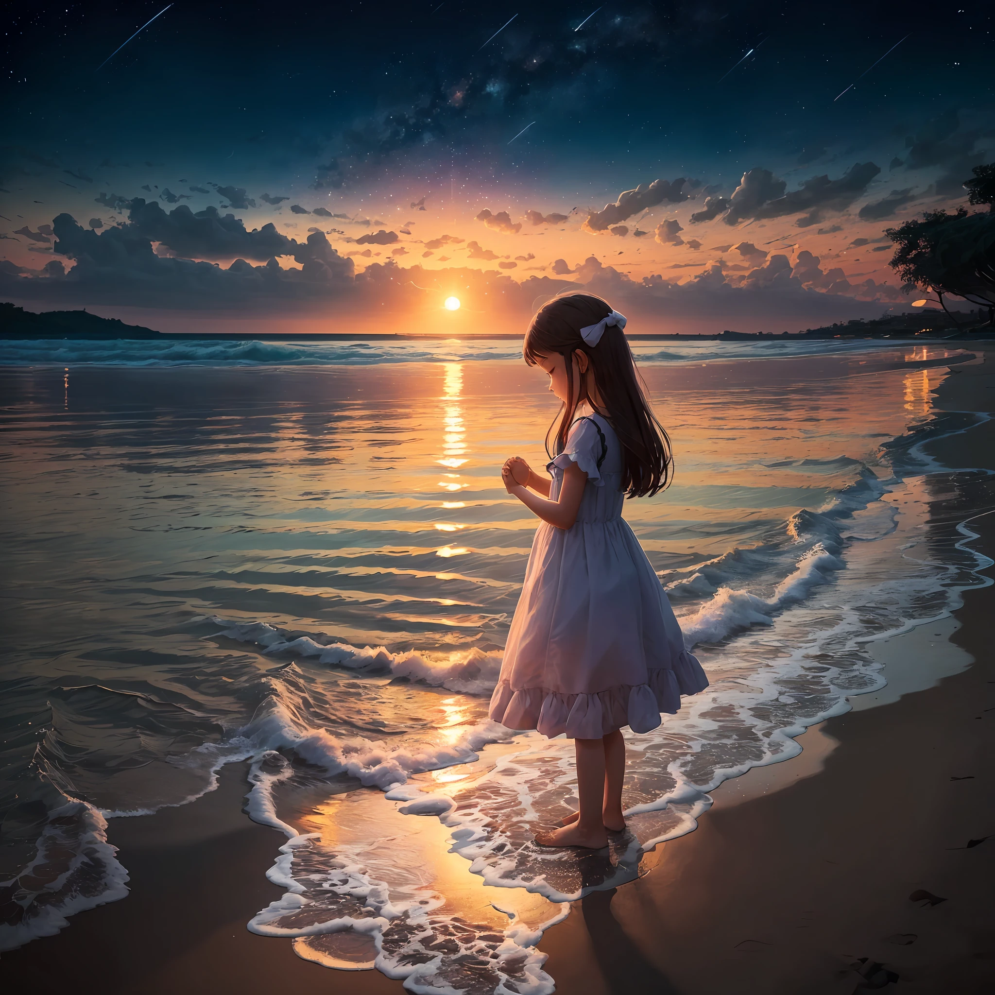 The sunset is set against the starry river，The sea surface ripples，Reflects a little bit of starlight，A young girl prays by the beach with her hands folded and her long hair moving with the wind --auto