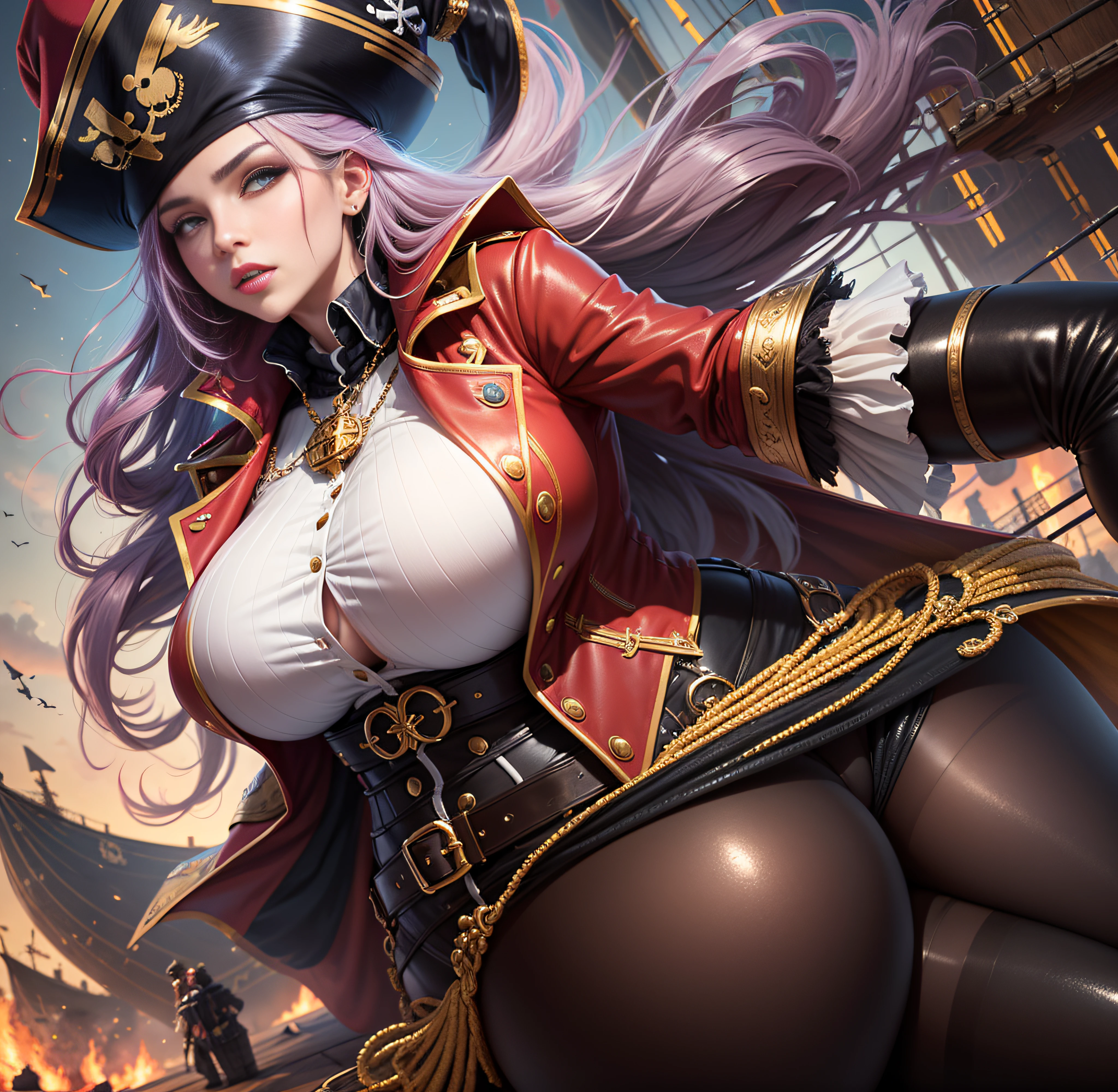 pirate captain outfit with pirate hat, red jacket with gold tassels, white frilly blouse, black pants, brown thigh high boots, eye patch, massive breasts, massive hips, massive thighs, massive calves, slender waist, hourglass figure, shiny black pantyhose, piloting a wooden ship, detailed eyes, leggings, kissing each other, 4K high resolution