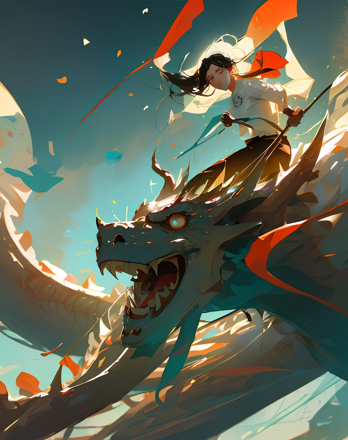 A beautiful woman's artwork, Artistic composition, Emotion, hyperactive, sport, Particle, tmasterpiece, highest quality,1girl and Chinese dragon