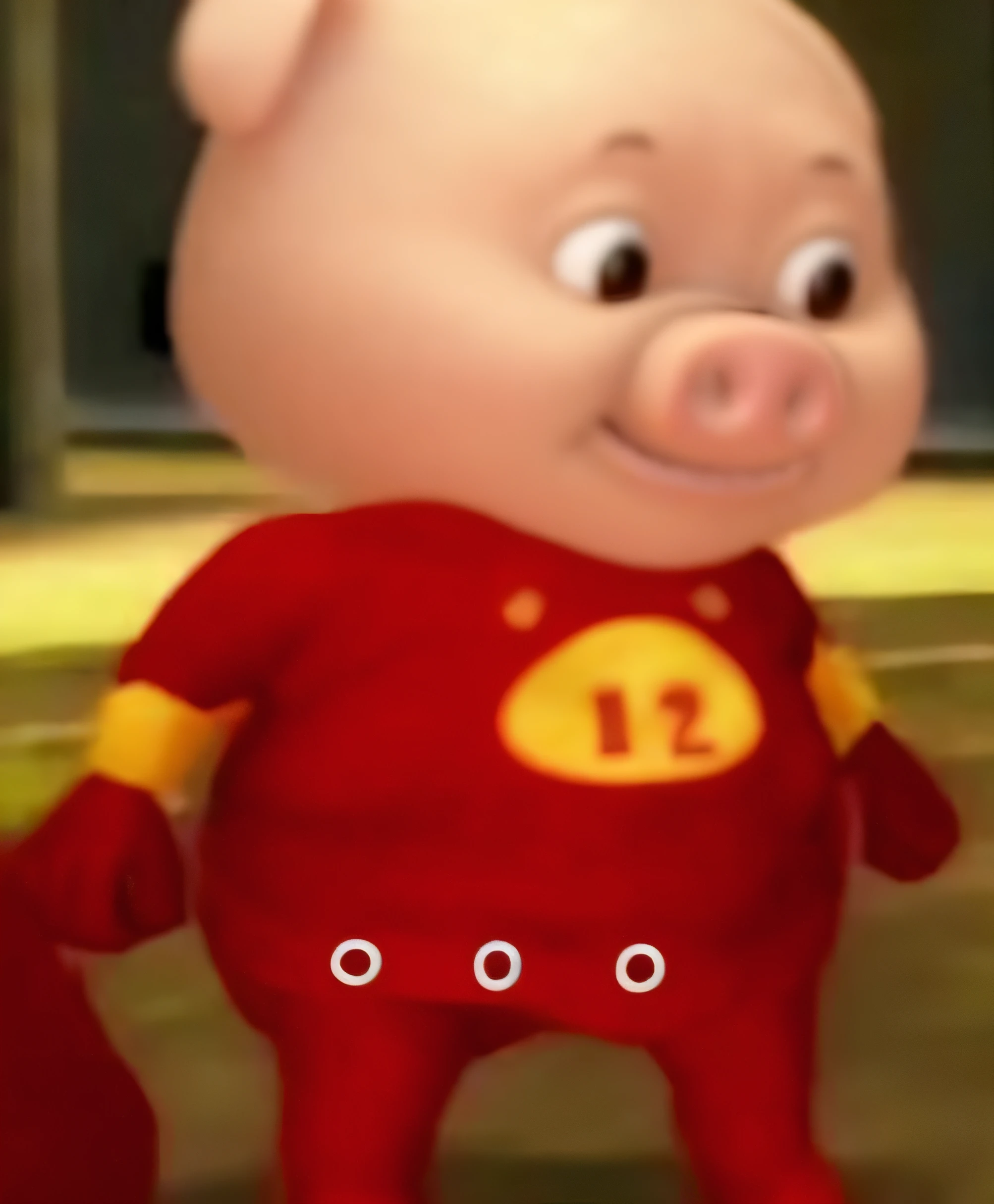 a close up of a cartoon pig with a red shirt and yellow pants, depicted as a pixar character, ideal pixar character, as a pixar character, early cgi, porky pig, piglet, pixar cgi, pixar movie screenshot, 9 0 seconds CGI, piggy, cute pixar character, pixar character, movie cgi, anato finnstark. by Pixar