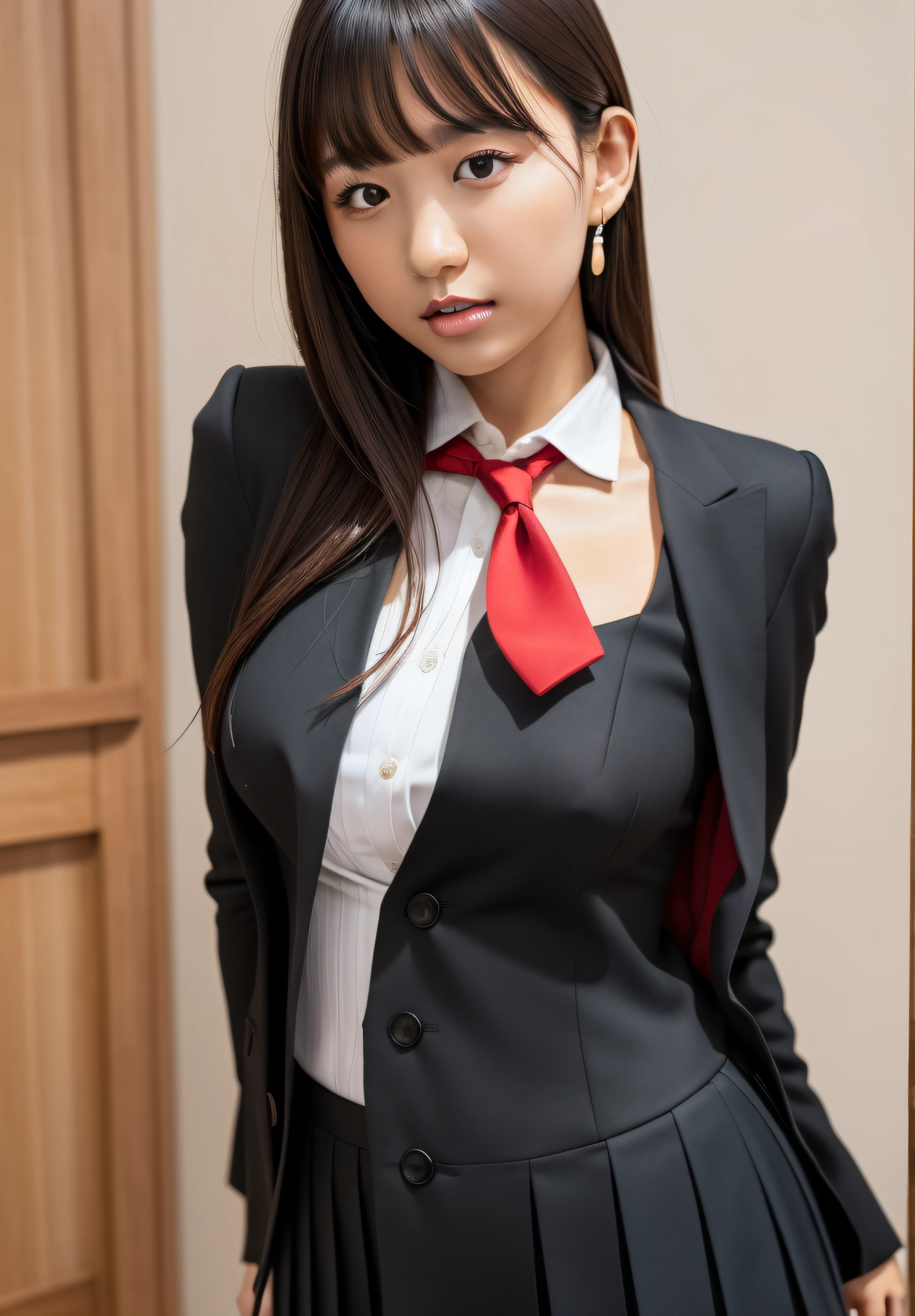 Japanese school uniform, (closeup), wide angle, (low angle), (busty), (medium breasts), (brown hair:1.1),(looking at viewer), portrait, earrings, earphones, high school girl, fabric pleated skirt, necktie, black suit, red suit, sailor's uniform, posing black eyes, red_lips,
hiqcgbody,unparalleled masterpiece, ultra realistic 8k CG, clean, beautiful face, shiny skin,(skindentation),
best quality, ultra high res, (photorealistic:1.4), pyoapple