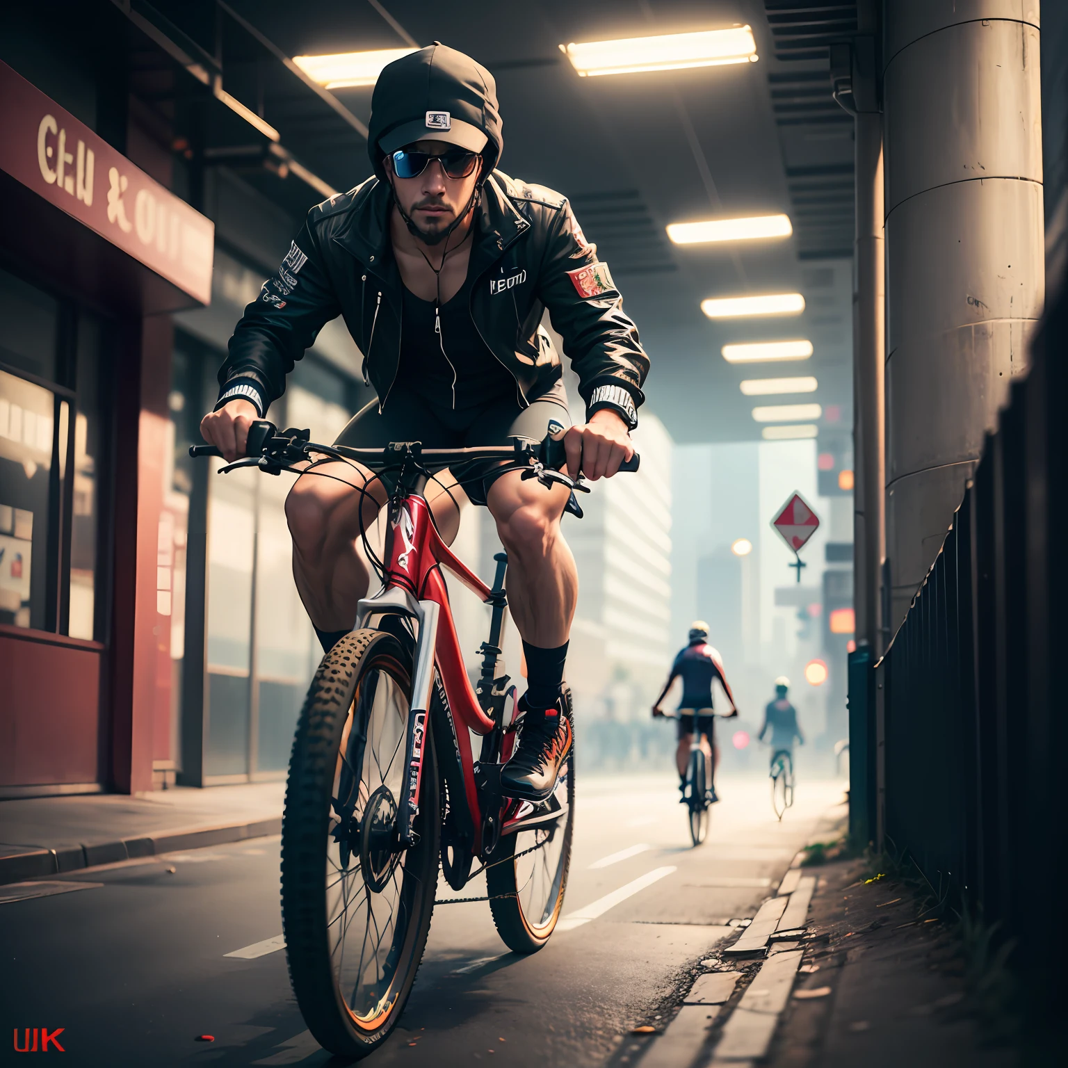 Homem com capacete e roupa cyberpunk, cyberpunk, com bicicleta, roupa estilosa estilo cyberpunk branca, ultra realistico, 4k, 8k, super detalhado, bike, ciclismo, fotografia, action sports --auto