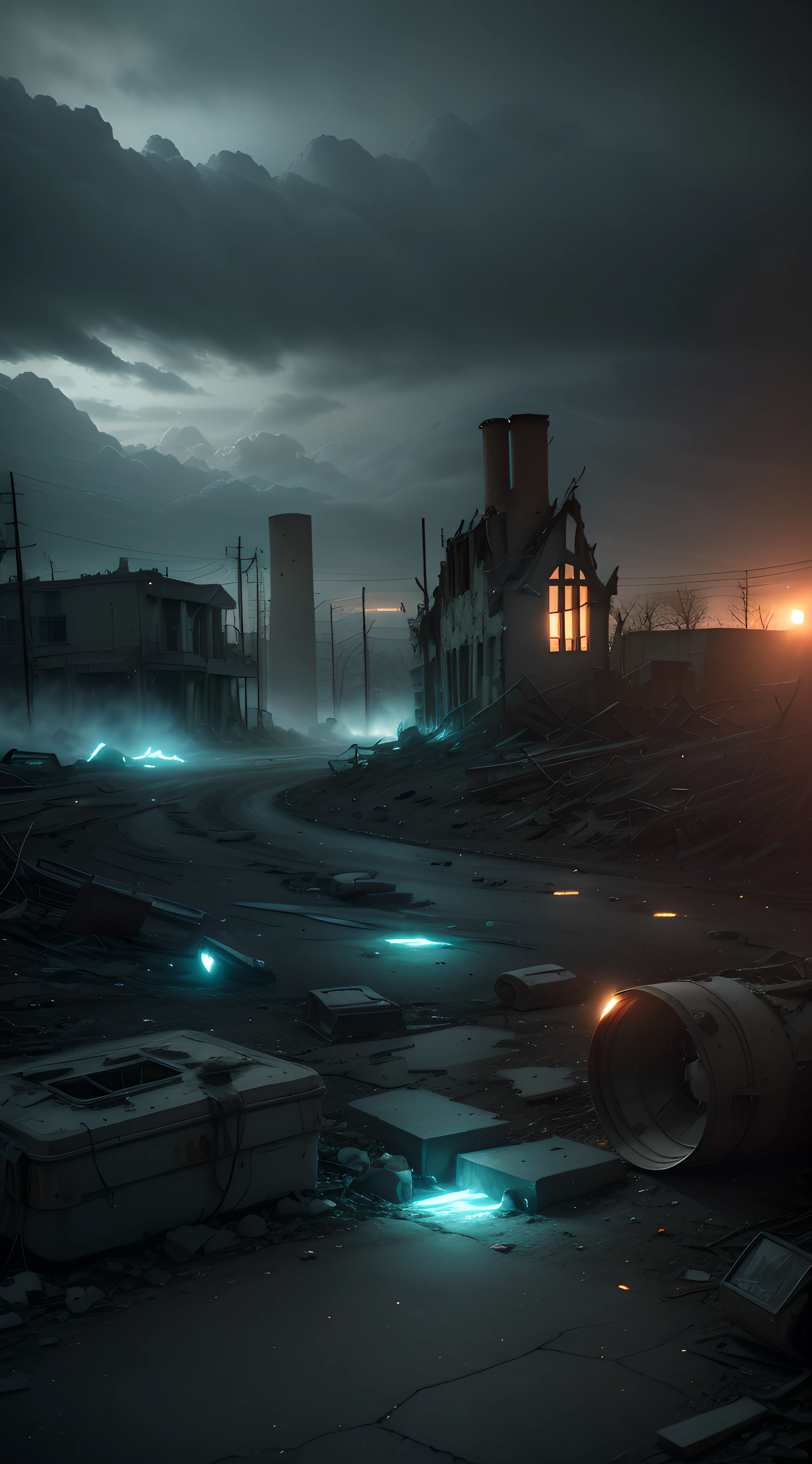 Create an 8K visual composition that captures the ghost town of Centralia as an intriguing and mysterious location. Use soft, targeted light to highlight details of crumbling structures, such as cracked walls and broken windows. Add elements of smoke coming out of the cracks in the floor to convey a sense of mystery and an otherworldly environment