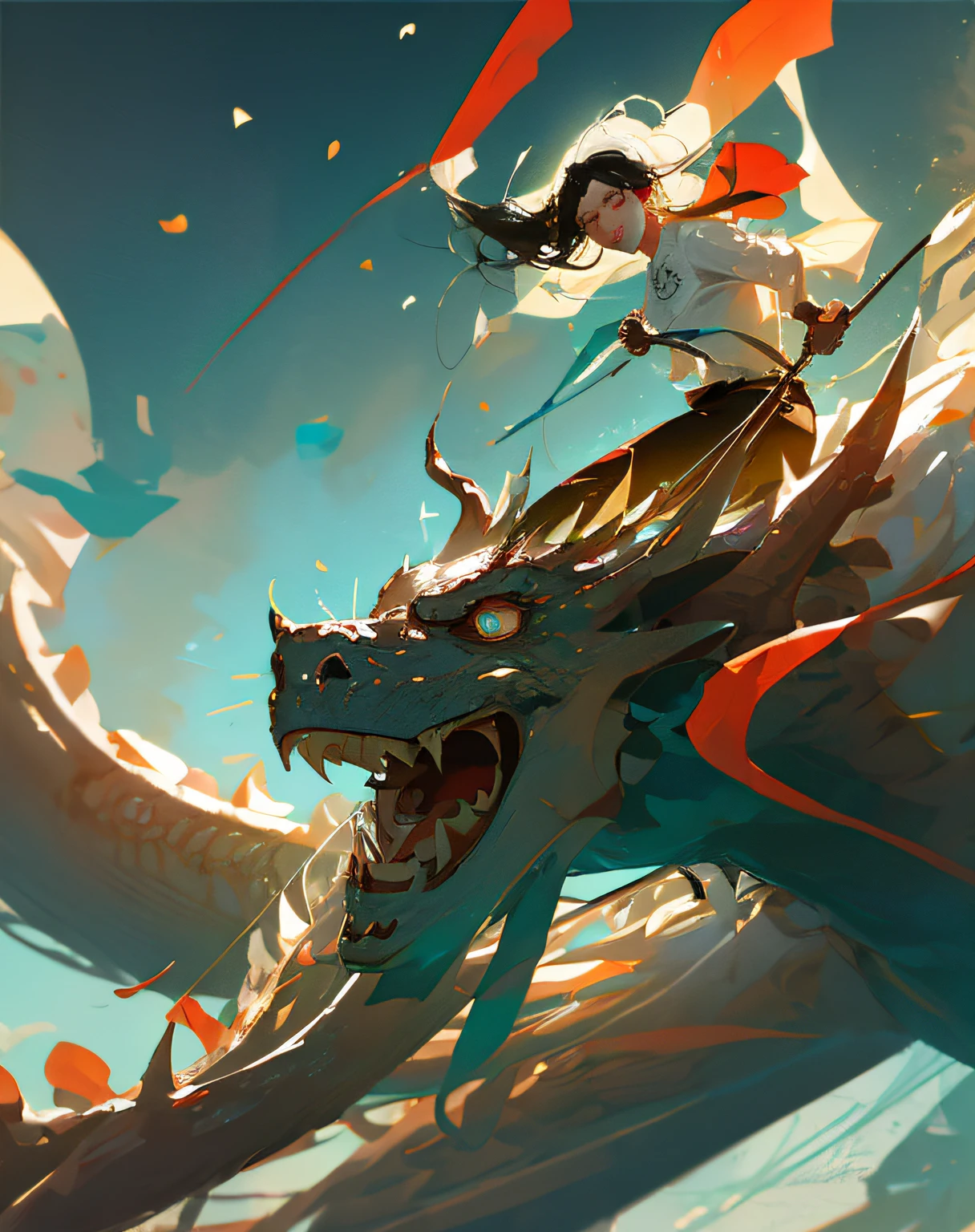 A beautiful woman's artwork, Artistic composition, Emotion, hyperactive, sport, Particle, tmasterpiece, highest quality,1girl and Chinese dragon