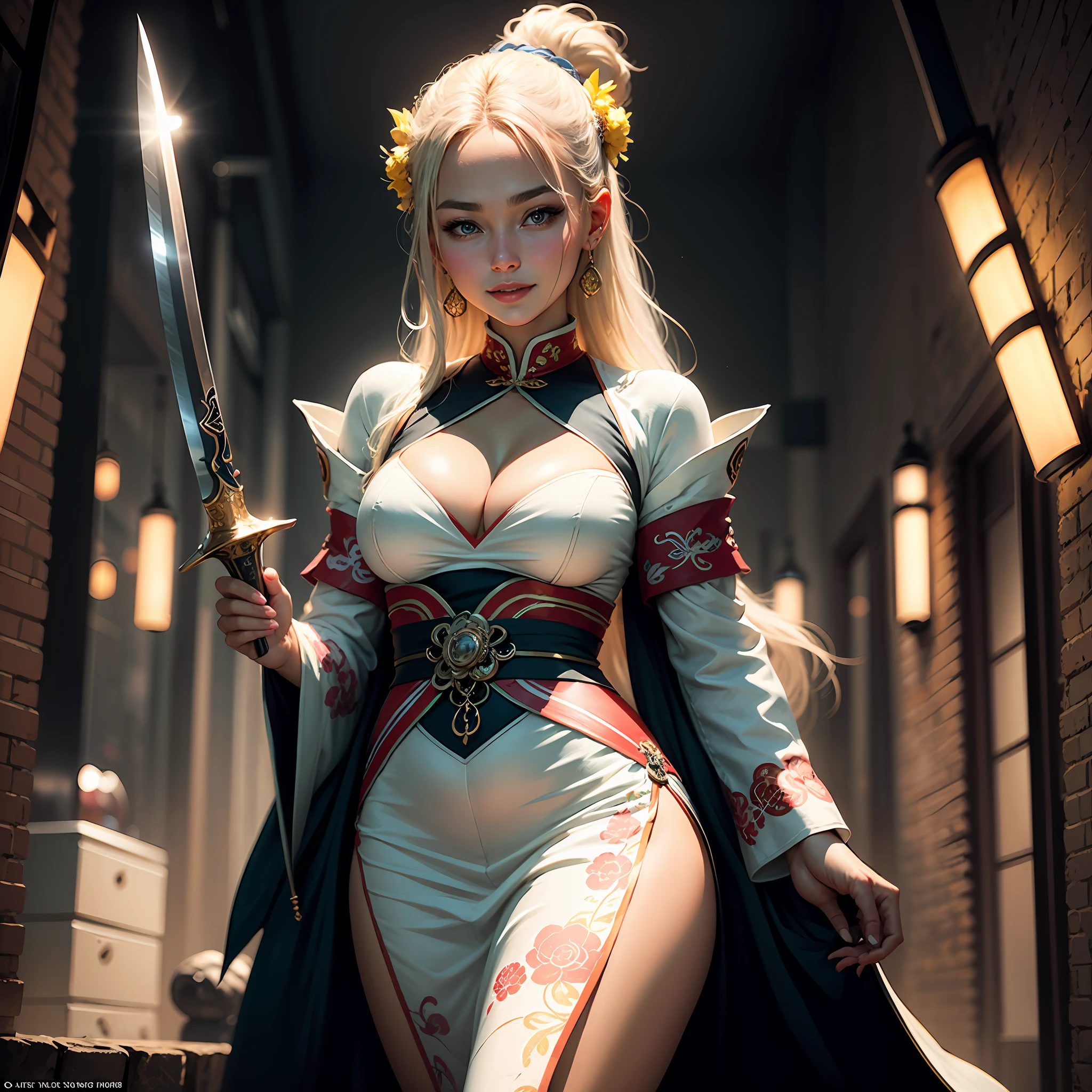Cute realistic portrait of female swordsman
(White Chinese traditional clothing)cute smiling, (), Black background Dark lighting, Yellow neon signs, closeup cleavage, product-view, Detailed facial details, s the perfect face, Sharpness, trending on artstration, sharp detailed face, CGSOCIETY, Ultra-high quality digital artwork, Exquisite ultra-details, 4K, 8K soft lighting, Dream --ISO 100, Vogue- --auto