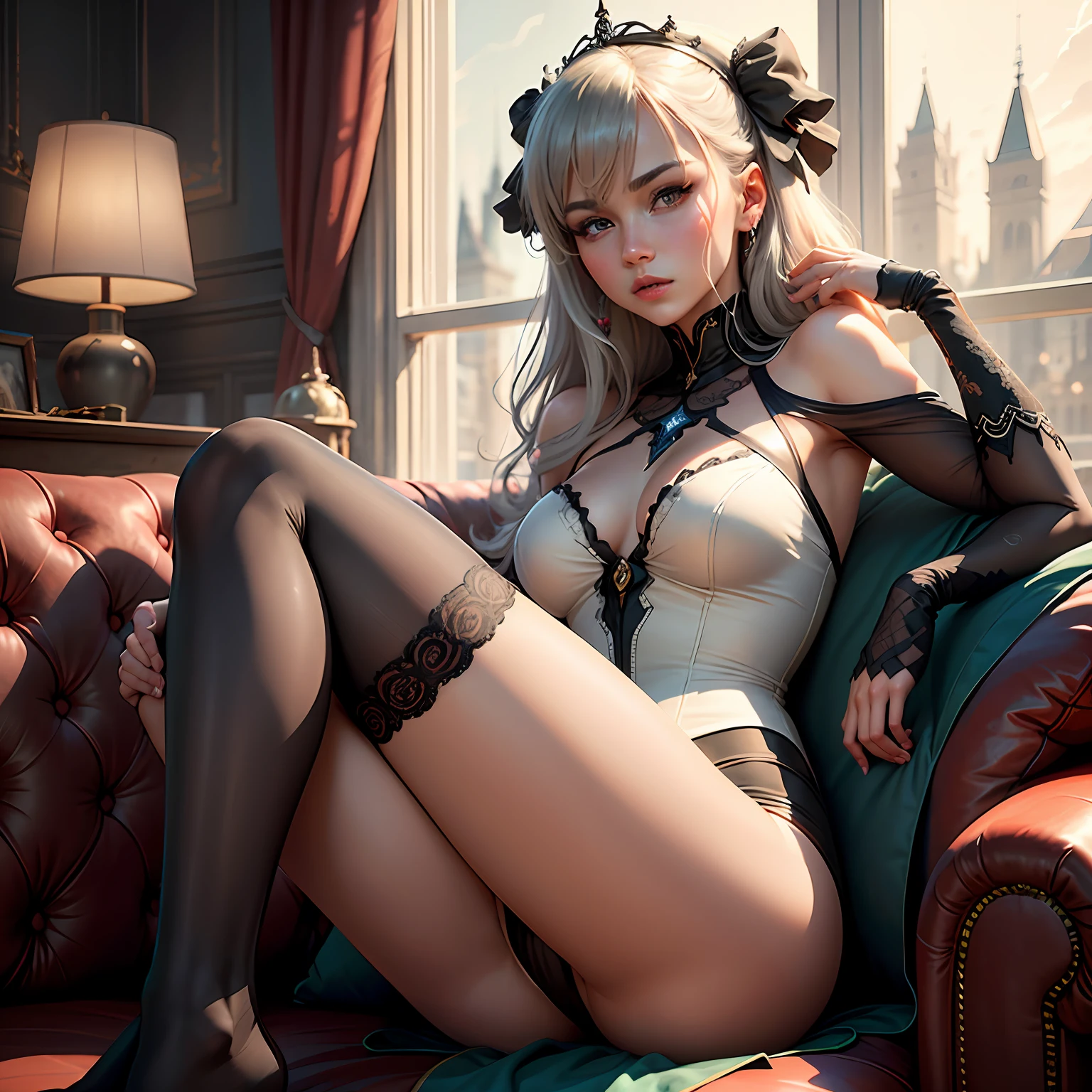 There was a woman sitting on a sofa wearing dark gray stockings, Seductive anime royal sister Realistic anime royal sister rendering, 2b, 2 b, Anime. Soft lighting, 8 k sensual lighting, ultra-realistic picture, Surrealist royal sister, Surrealist royal sister, 8K high quality detailed art, Guviz-style artwork --auto