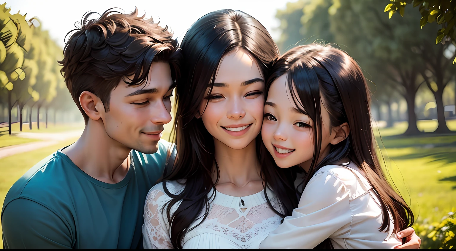 An image of an embracing family. The family can be made up of parents, filhos e netos. Todos podem estar sorrindo e felizes. O fundo da imagem pode ser uma casa ou um parque. --auto