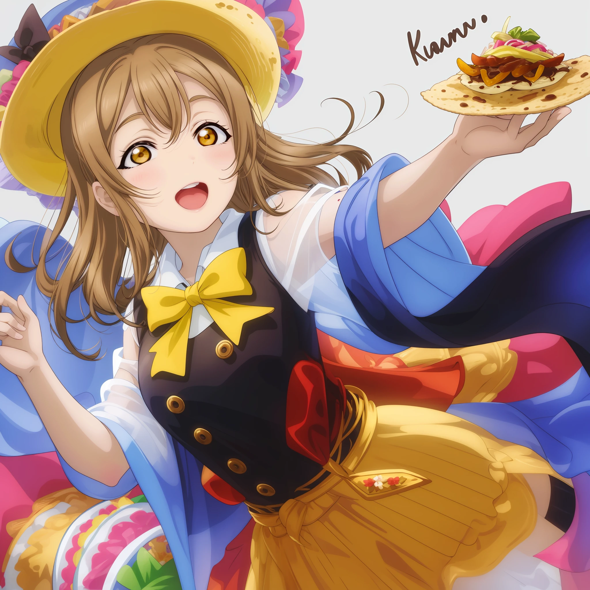 masterpiece, accurate character, best quality, Hanamaru Kunikida from Love Live, yellow eyes, open mouth, happy, tacos, mexican outfit