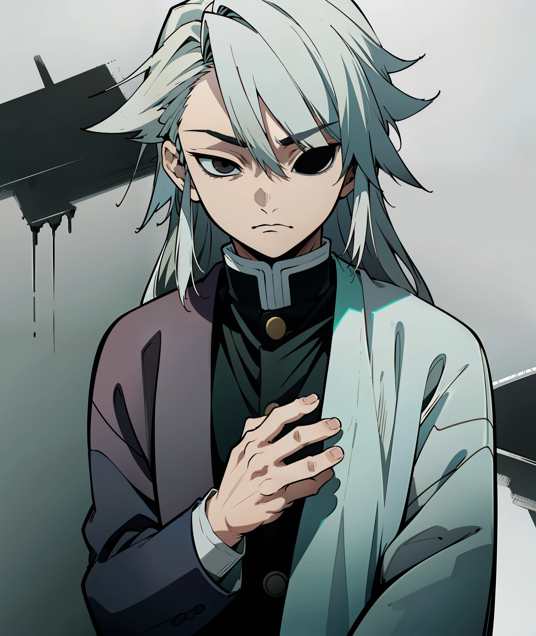 1boy, grey hair, long hair, black eyes, grey haori, calm, tired, tall, grey clothes, face shot, face, sharp eyes, black eyes, missing left eye, left eye covered, missing left eye, demon slayer uniform