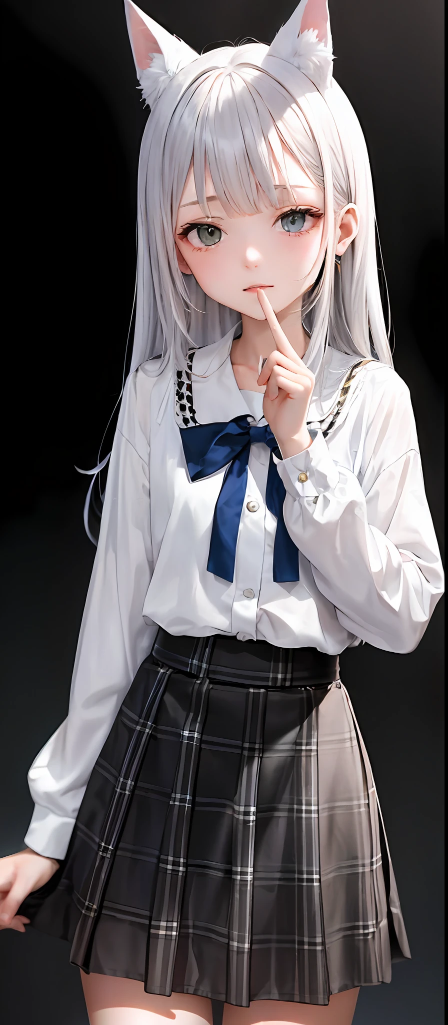 1girl, (masterpiece:1.1), (best quality:1.1), (white blouse:1.1), (plaid skirts:1.1), 校服, high waist skirt, BREAK [blue:pink:0.5] The subject, (gradient background: 1.1), cowboy lens, BREAK Silver, The long-haired,, greene eyes, Delicate headgear, Side Body,18r