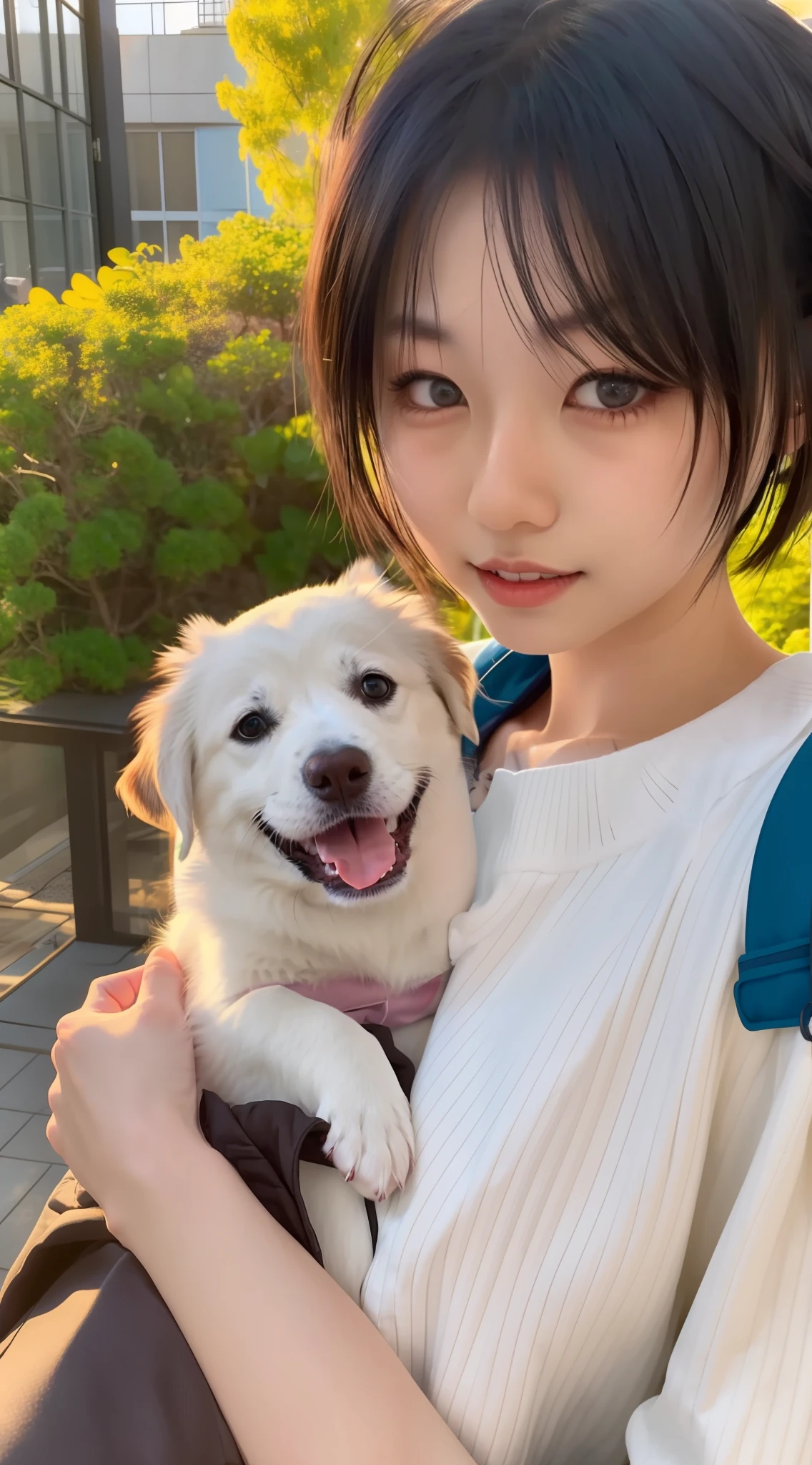 there is a woman holding a dog in her arms, With short hair, ulzzangs, Black eyes, white hime cut hairstyle, girl cute-fine-face, 🤤 girl portrait, sakimichan, 8K)), young and cute girl, shikamimi, chiho, 19-year-old girl, a cute young girl, cute - fine - face