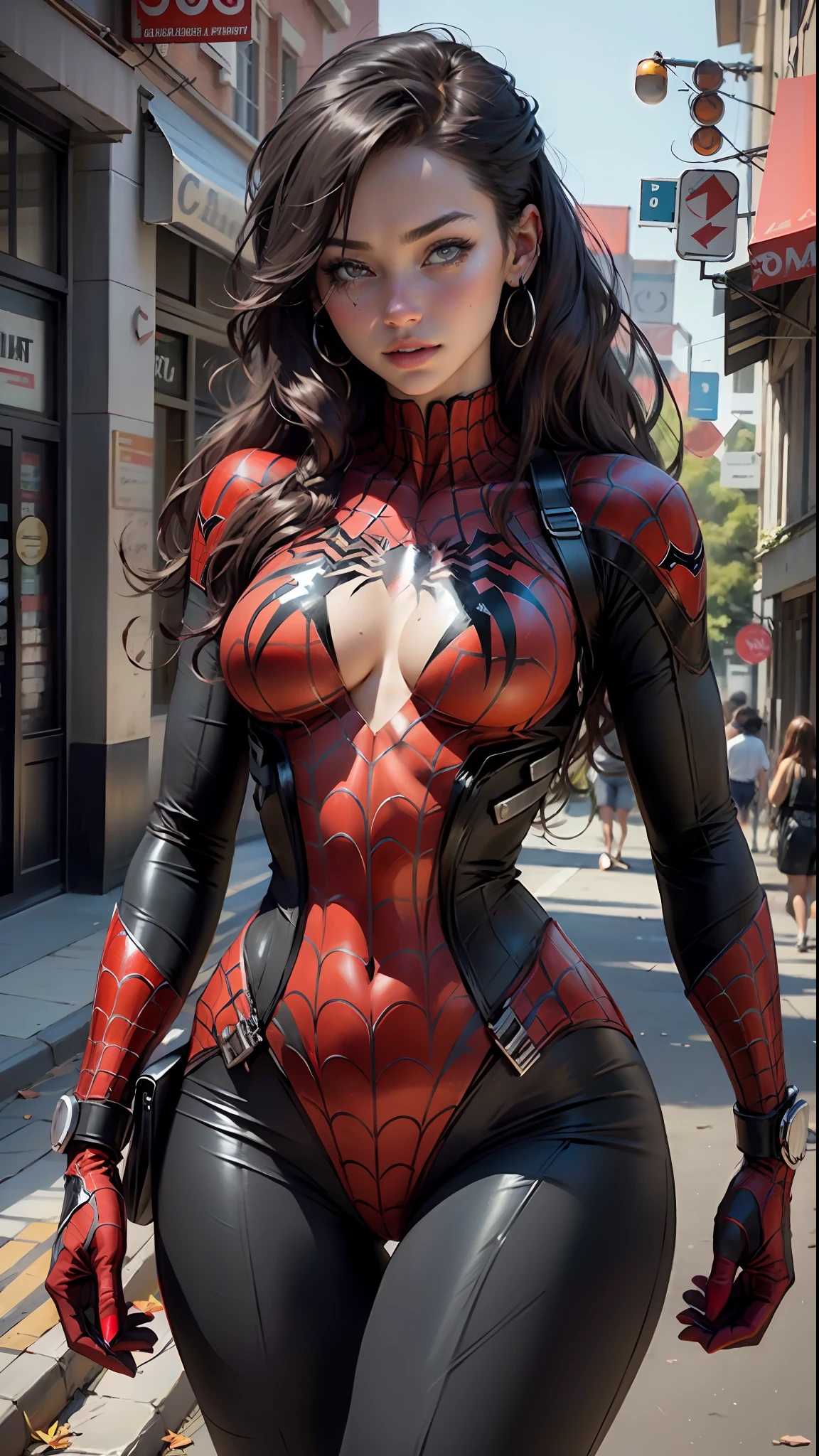 Beautiful woman detailed defined body using spider man cosplay, small breasts