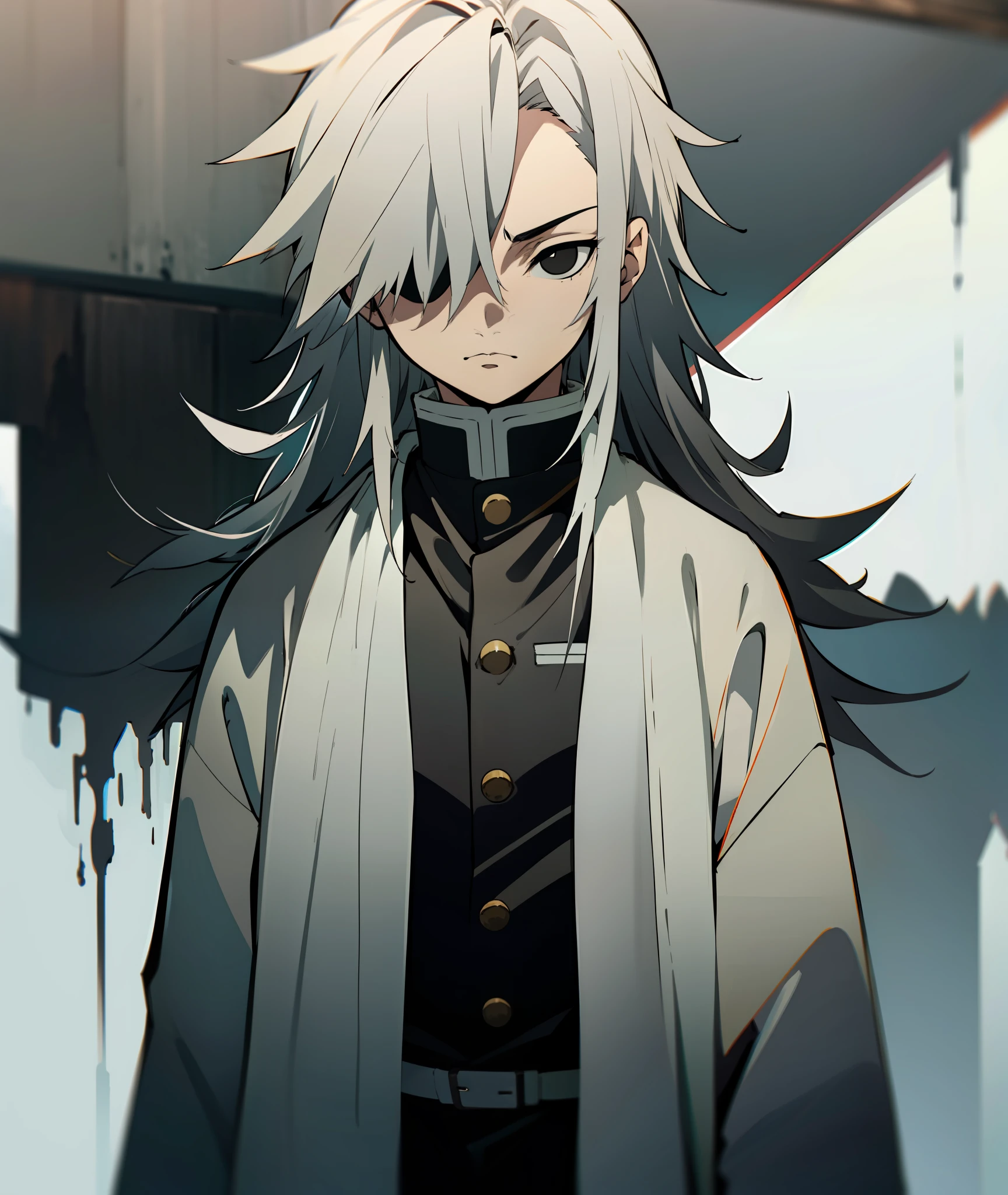 1boy, grey hair, long hair, black eyes, grey haori, calm, tired, tall, grey clothes, face shot, face, sharp eyes, black eyes, missing left eye, left eye covered, missing left eye, demon slayer uniform