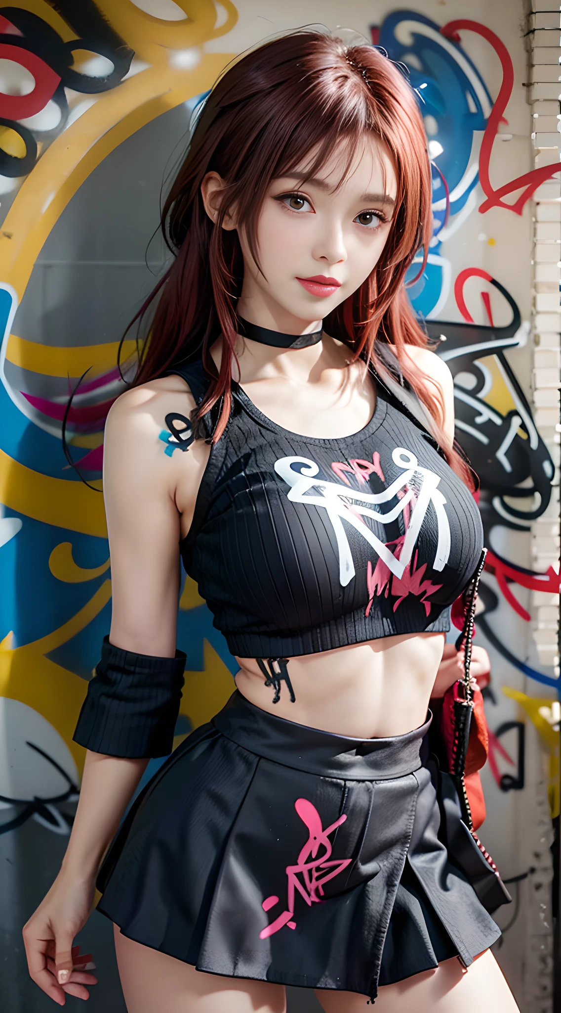 masterpiece, best quality, 1girl, solo, stylish crop top, vibrant red hair, elegant braid, soft bangs, alluring choker, (graffiti:1.5), artistic paint splatter, seductive arms behind back, leaning against wall, looking at viewer, fashionable armband, urban hiphop style, flirty skirt, playful head tilt, intense expression, warm orange, dynamic asymmetrical design, bold geometric shapes, creative street art