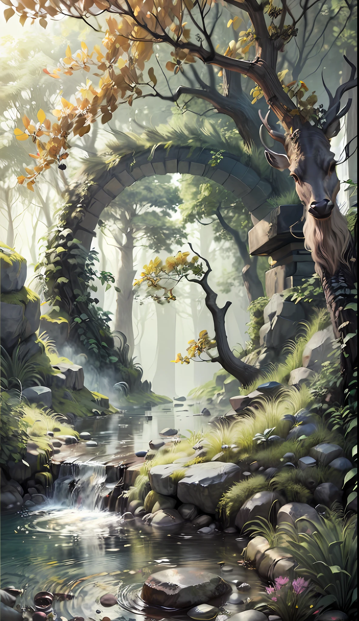 tmasterpiece,best qualtiy,Ultra detailed CG unified 8K wallpaper,The most beautiful illustration,best shadow,Brilliant Elf(the elf),Glowing deer in the pool,Natural elements of forest theme,Mysterious and beautiful forest,Brilliant flowers,Fireflies surround delicate leaves and branches(nature elements),Jungle theme,foliage,tree branch,glowworm,3D particle effects,Octane rendering,Ray traching,Super refined。