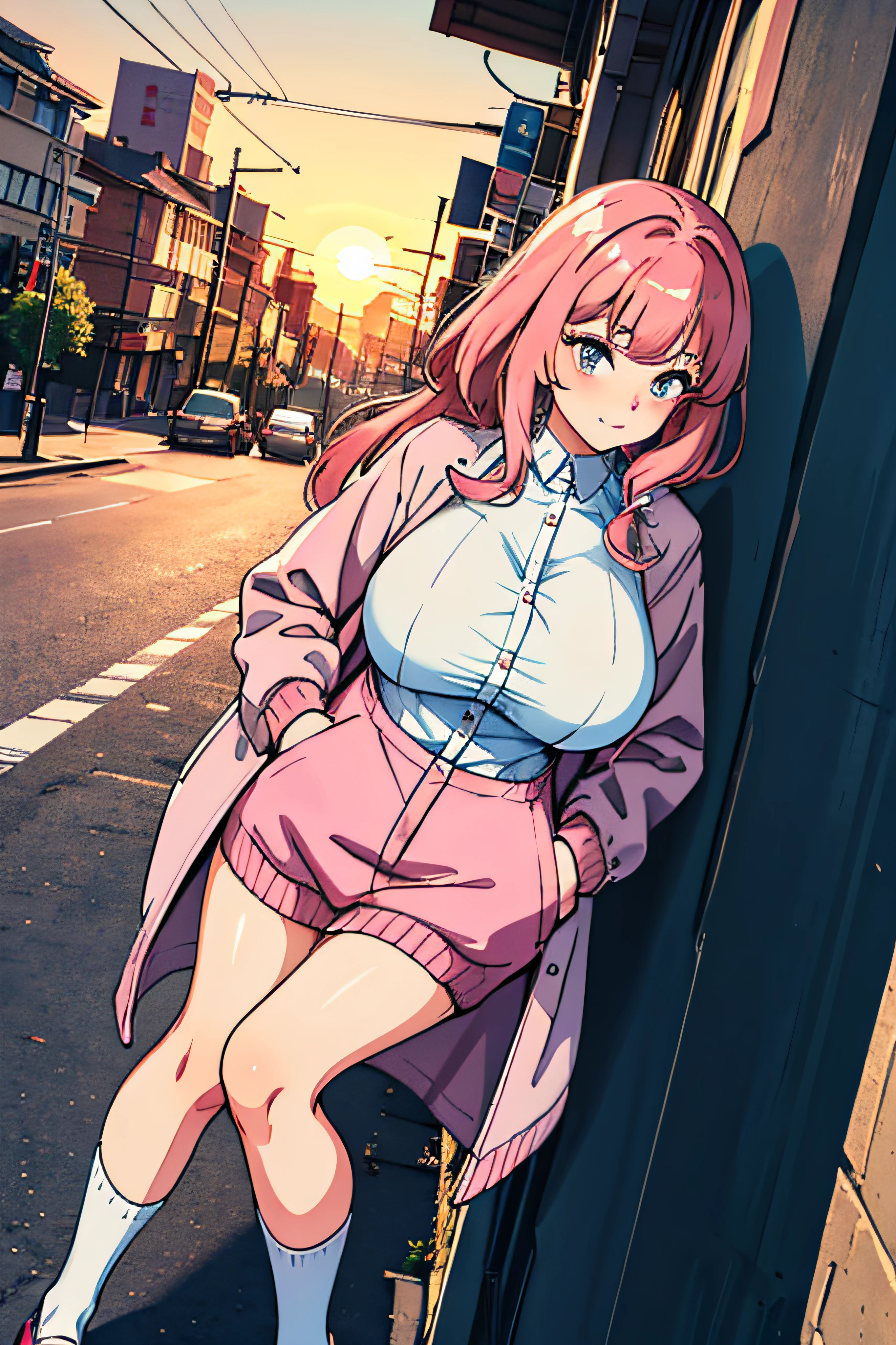 (Beautiful clear background),(street corner,muri,nooks，the setting sun),1个Giant Breast Girl,Fashionab，Handsome coat,Hand in pocket,Blushlush,Flowing pink hair,side looking,Dutch angle,huge tit,White silk socks（Over-the-knee）