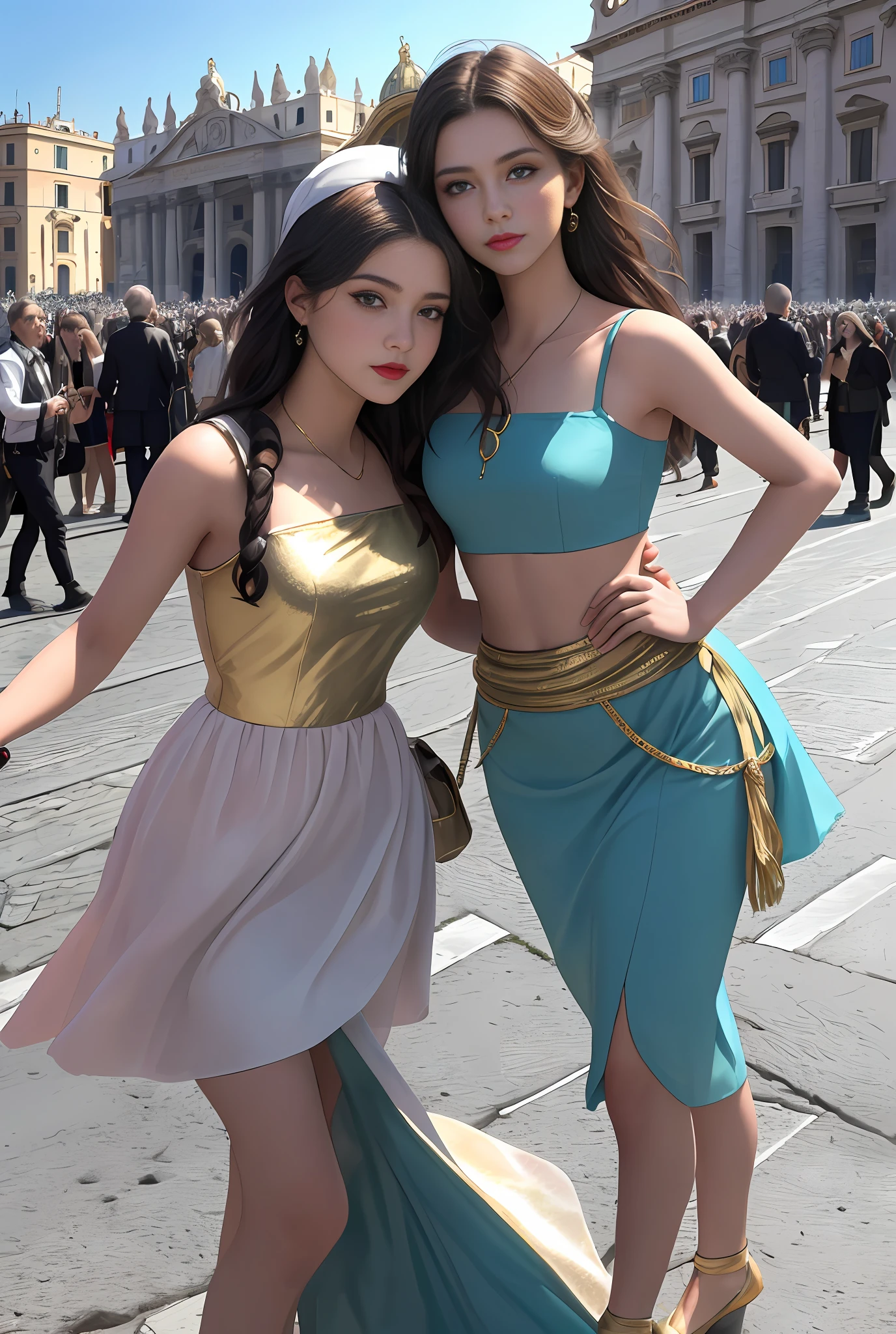 (巨作, Best quality, Realistic),
2girls,duo,(on the St. Peter's Square of Vatican,crowd of), sankta. Peter's Square of Vatican background,gypsy dress,(Princess Eyes,shiny pupils),Dancing,  gold, banquet, crowd of, picking up skirt,
[Slight smile],