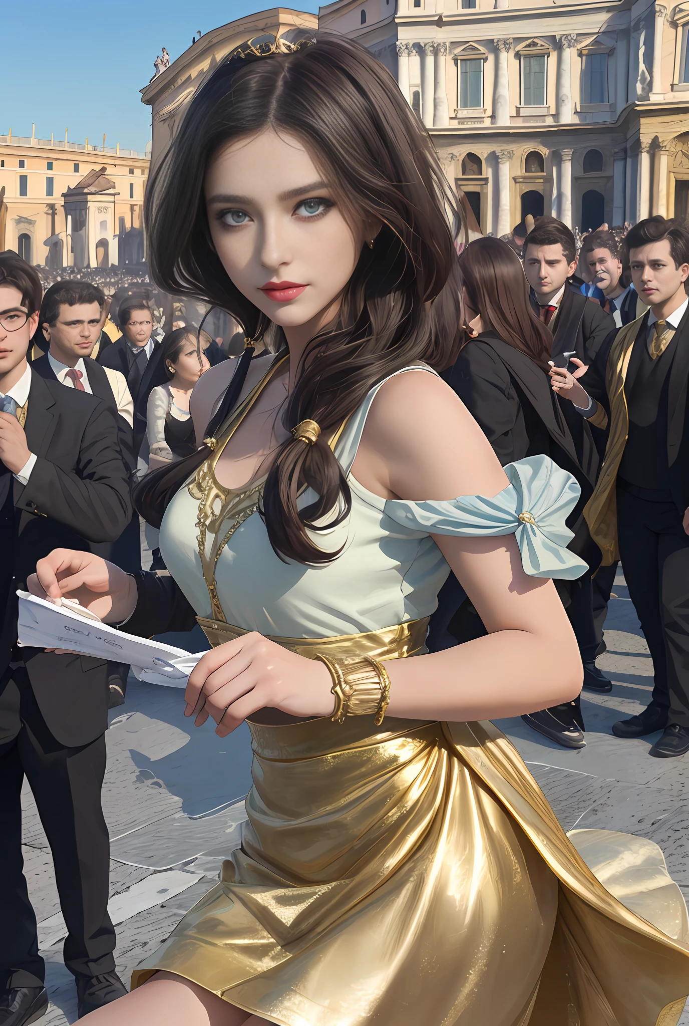 (巨作, Best quality, Realistic),
2girls,duo,(on the St. Peter's Square of Vatican,crowd of), sankta. Peter's Square of Vatican background,gypsy dress,(Princess Eyes,shiny pupils),Dancing,  gold, banquet, crowd of, picking up skirt,
[Slight smile],