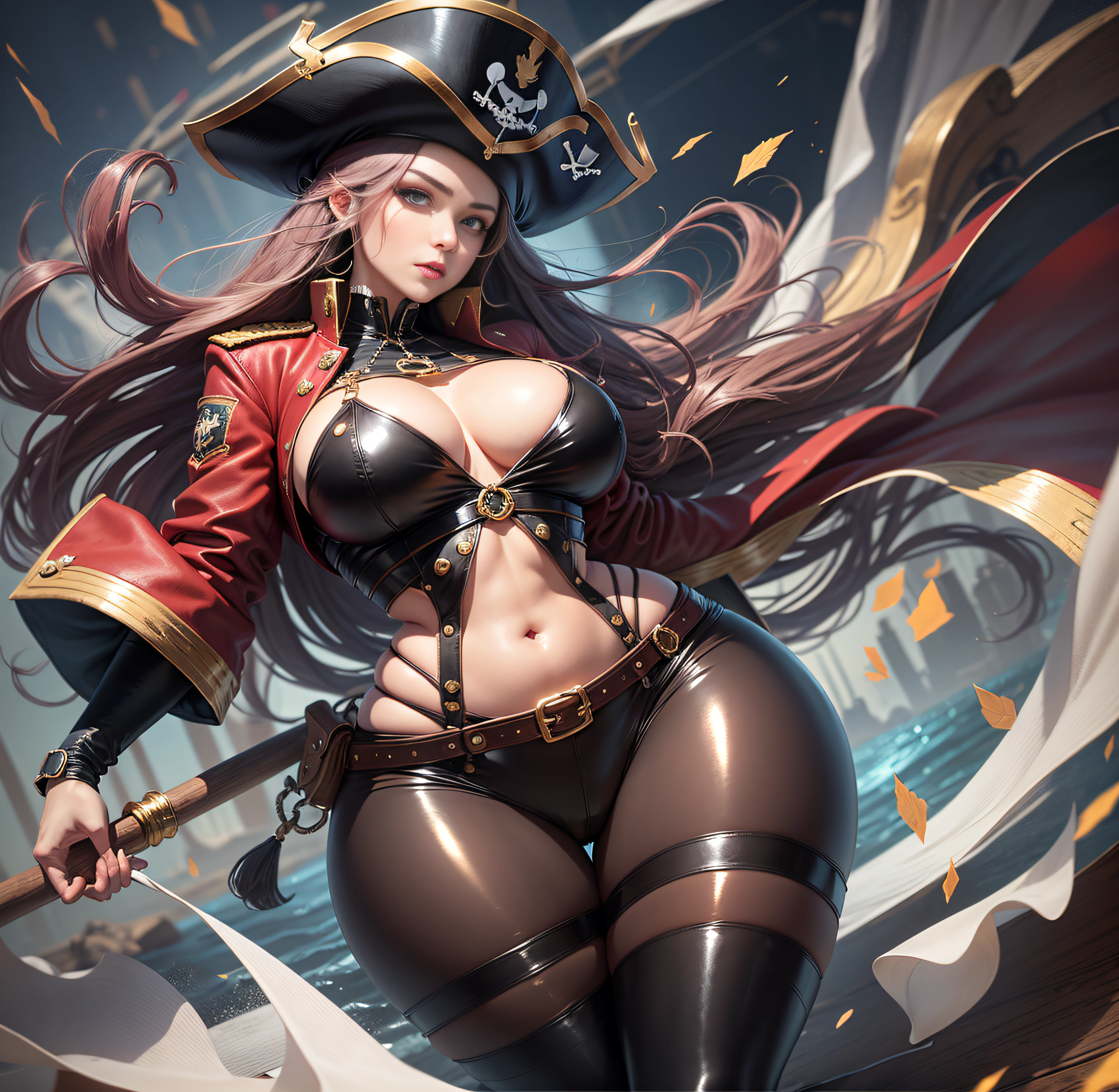 pirate captain outfit with pirate hat, red jacket with gold tassels, white frilly blouse, black pants, brown thigh high boots, eye patch, massive breasts, massive hips, massive thighs, massive calves, slender waist, hourglass figure, shiny black pantyhose, piloting a wooden ship, detailed eyes, leggings, kissing each other, 4K high resolution