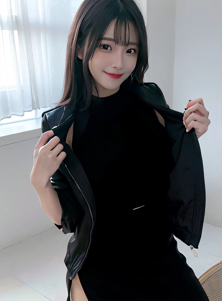 there is a woman that is holding a black jacket over her body, Yoshitomo Nara, She is facing the camera, friendly seductive smile, Realistic young gravure idol, she wears a black dress, komono, Young sensual gravure idol, very tasty, Teasing smile, with a seductive smile
