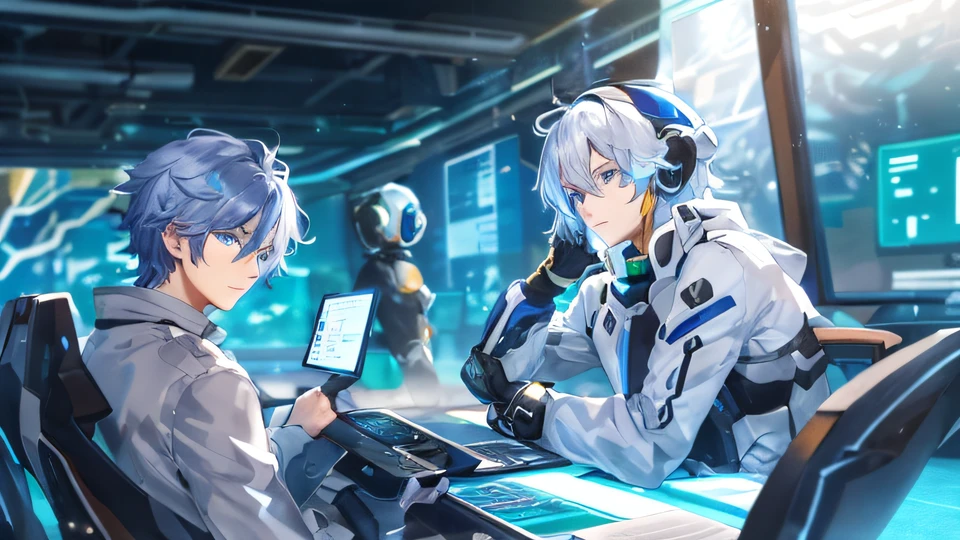 two young men A (left) and B (right) sitting in a room with a laptop and a monitor, a robot behind them, man A has (blue eyes) (blue short hair)(gentle)(genius), man B has (green eyes) (white long curly hair) (enchanting)(dangerous)(genius), best anime 4k konachan wallpaper