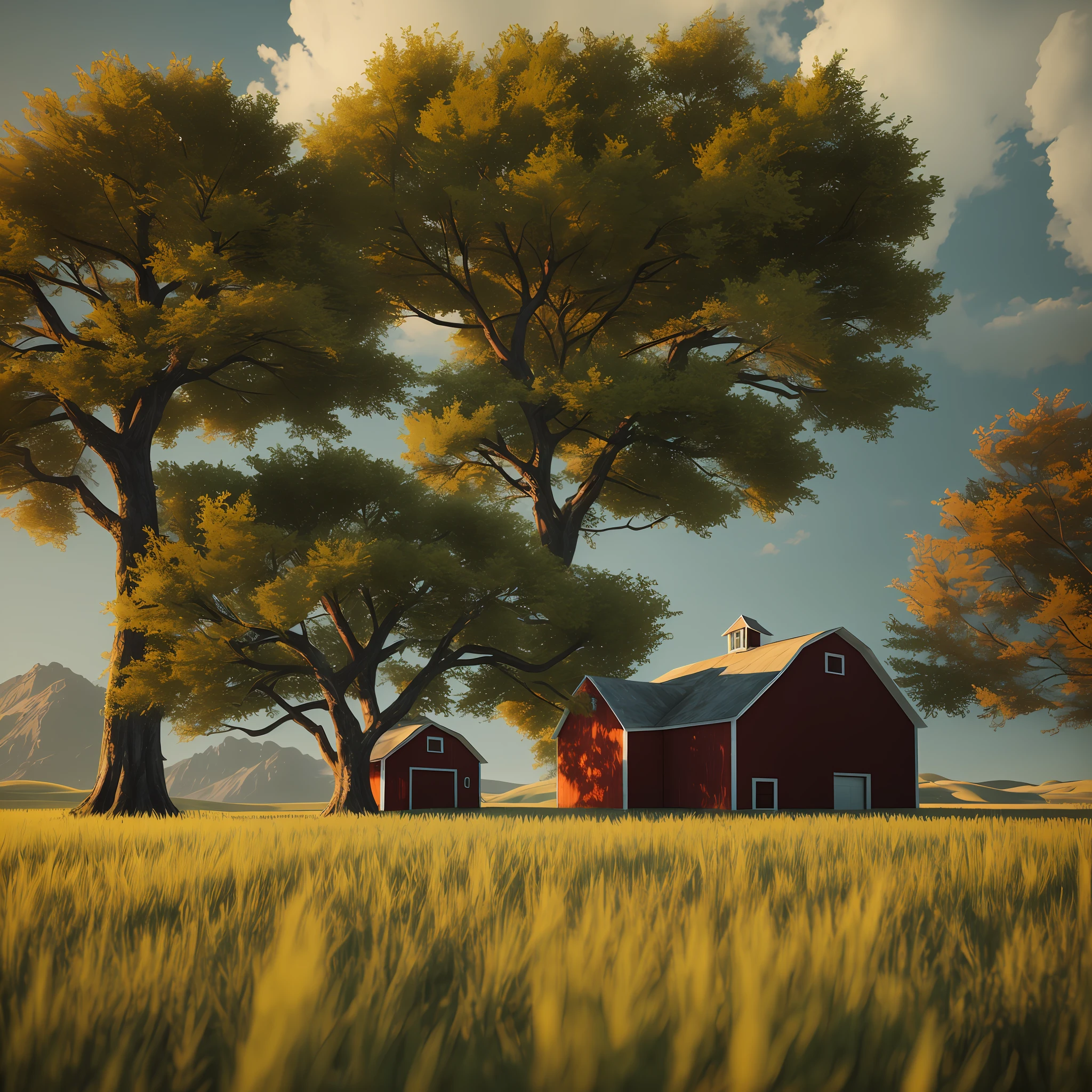 Tree, red horse, white barn in
a field, art by Max Rive and
Ryan dyar, octane render,
Unreal engine 5, kodak style --auto